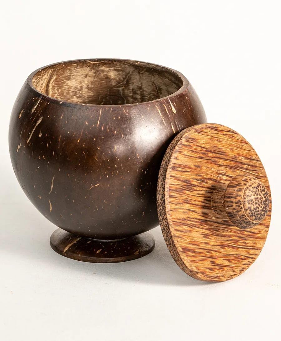 Natural Coconut Shell Bowl with Wooden Lid, Handcrafted Storage Container, Dark Brown-picture-29