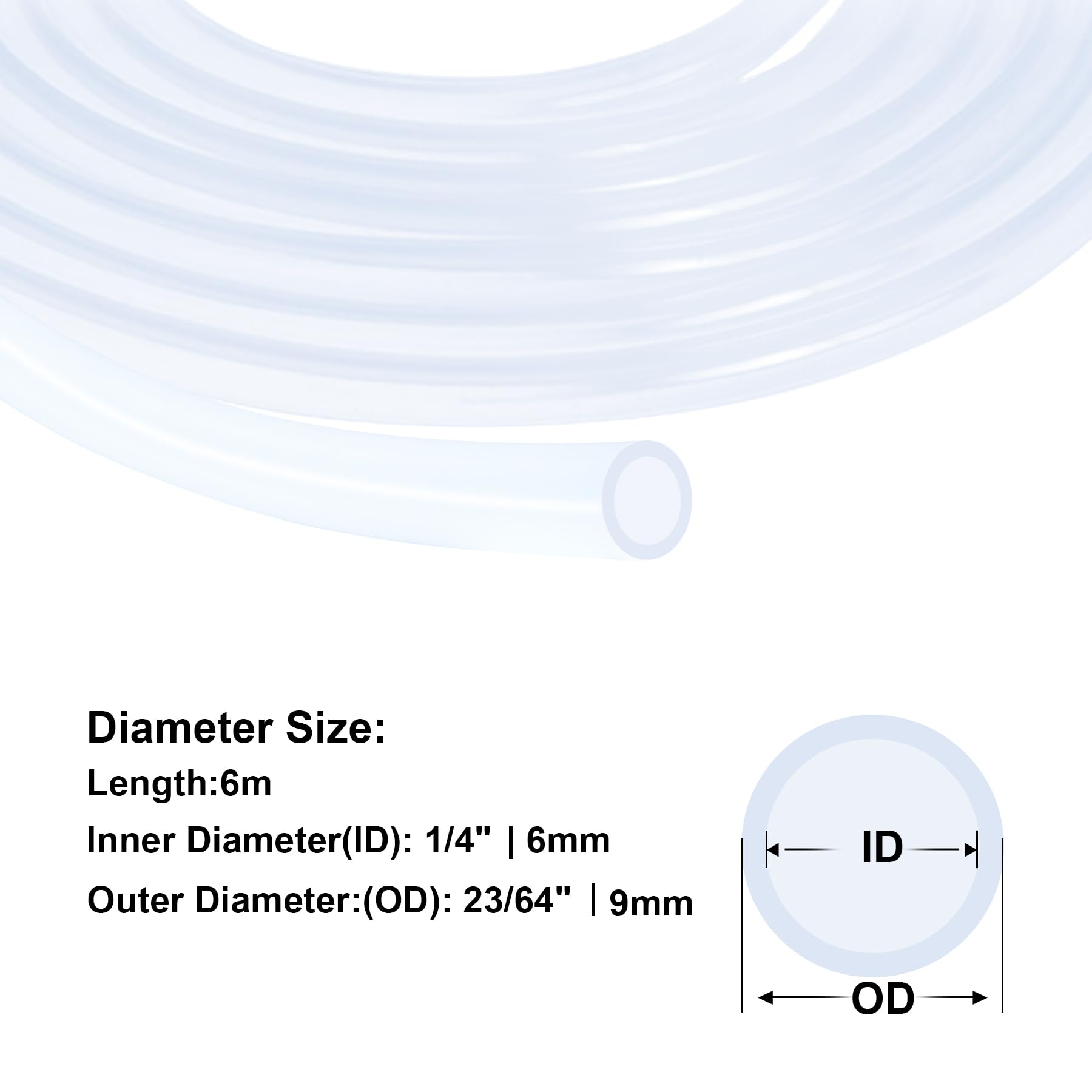 Tubo de silicona 6 mm diámetro interior x 9 mm exterior 6 metros, manguera flexible grado alimenticio transparente