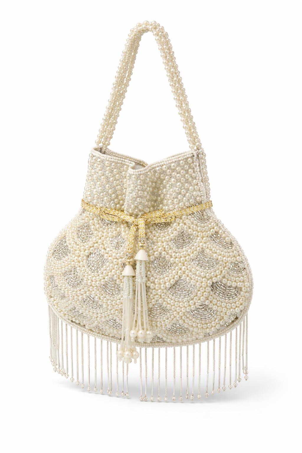 Pearl Potli Bag for Women | Silk Potli Purse | Bridal & Wedding Clutch | Traditional Indian Ethnic Handbag | 7 x 7 Inches (Pearl - White)-image-14