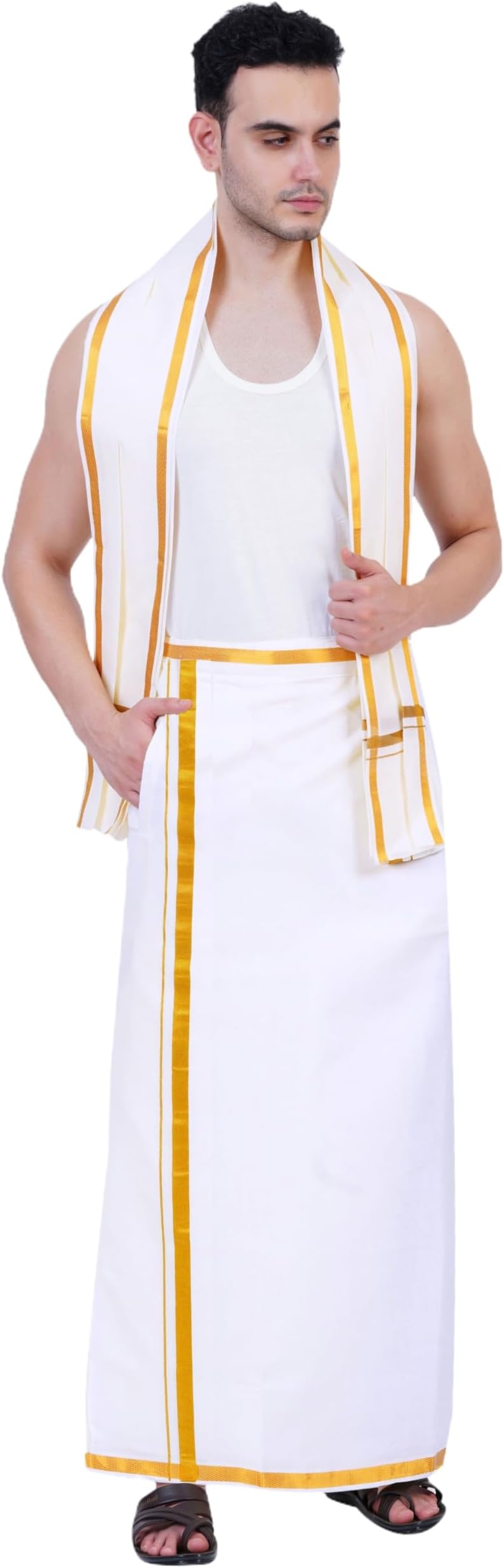 Mens White Colour Zari Cotton Welcro Pocket Dhoti with Matching Towel