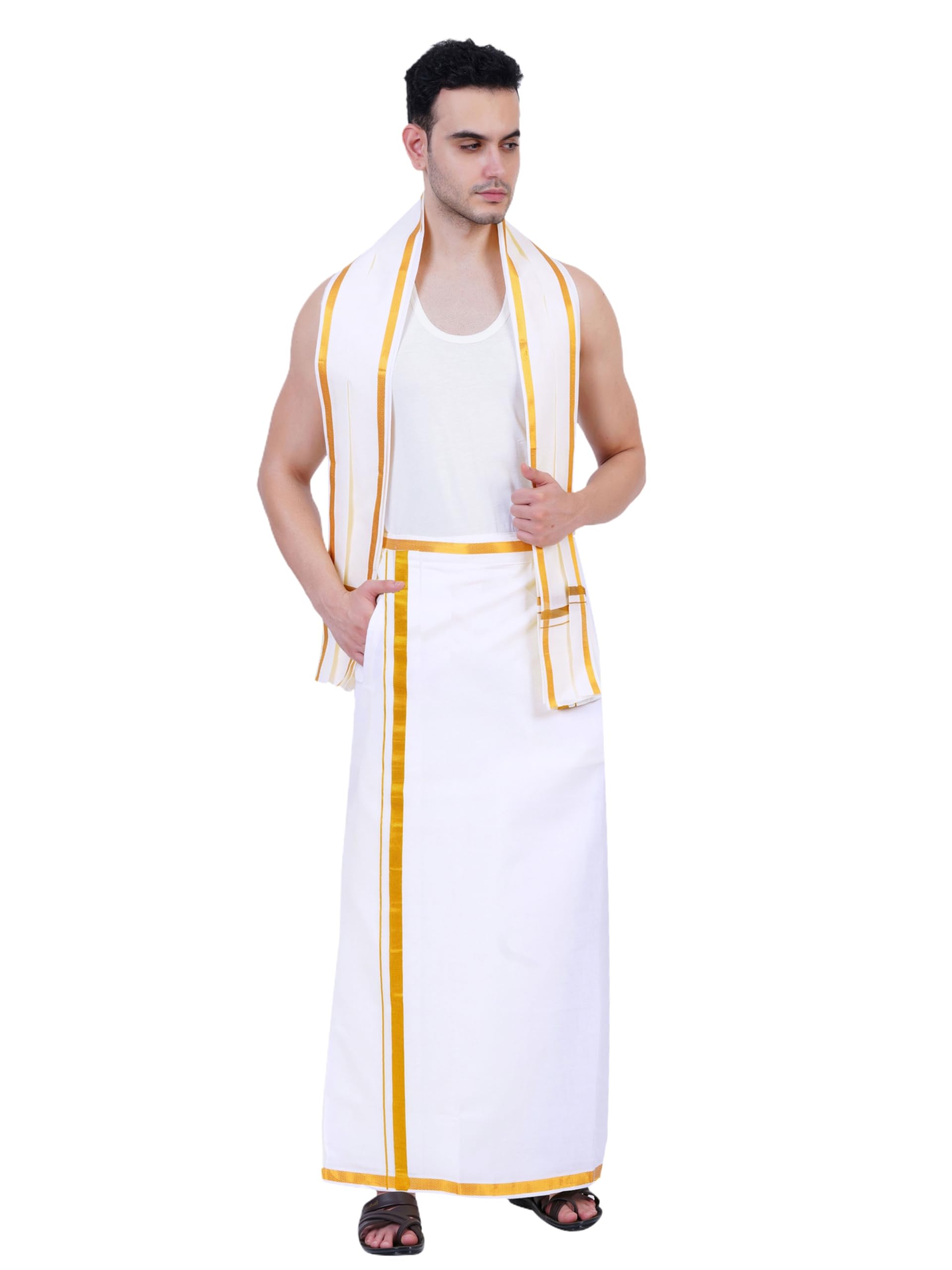 Prakasam Cotton Mens White Colour Zari Cotton Welcro Pocket Dhoti With Matching Towel-(Size 42)