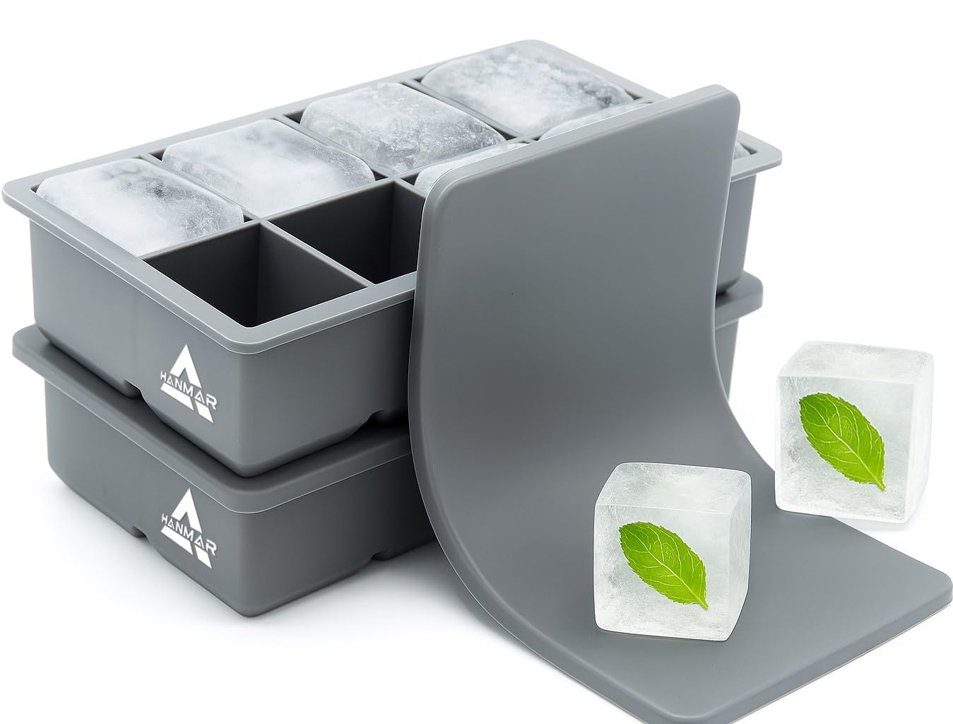 HANMAR® Large ice Cube Moulds (Pack of 2) Reusable BPA-Free Silicone - Easy Release Stackable - Makes Slow Melting 16 Pieces 2 Inch Giant Cubes - Large ice Cube Tray with lid - Cocktails - Baby Food