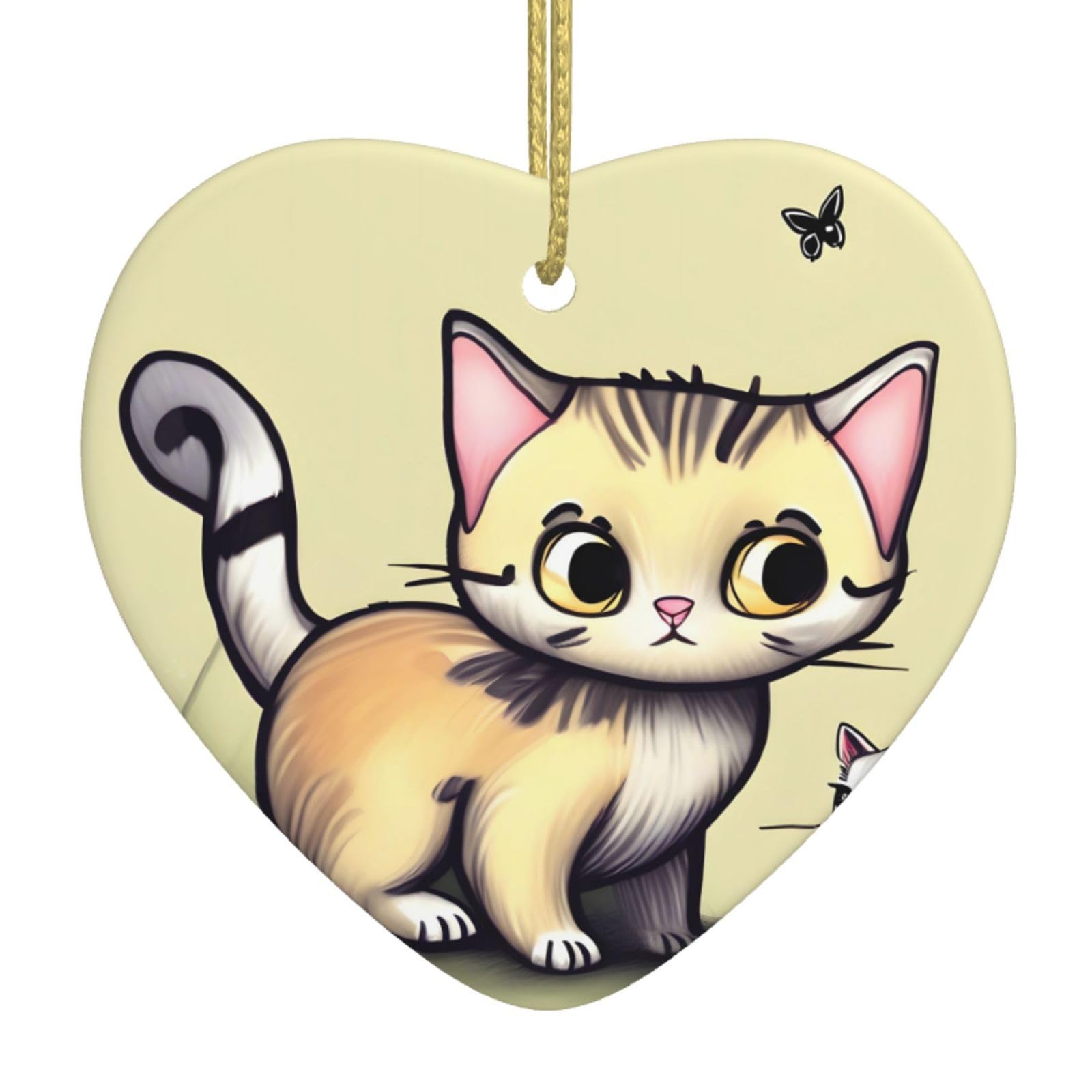 Cat and Butterfly Ceramic Christmas Heart Pendant with Silk Thread, Christmas Tree Home Decoration