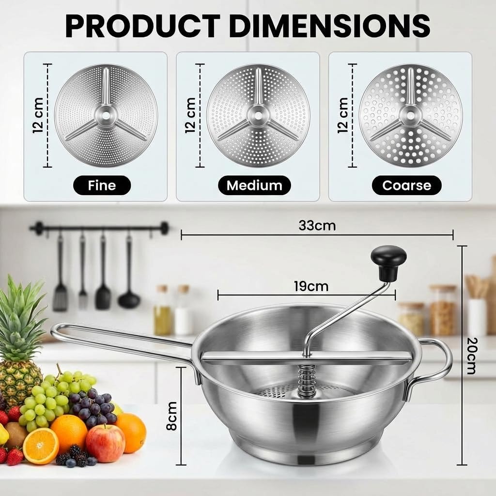 Stainless Steel Food Mill with 3 Milling Discs, Rotary Hand Crank with Silicone Handle, Ergonomic Design for Tomato Sauce, Applesauce, Mashed Potatoes, Puree, Jams and Baby Food, Dishwasher Safe