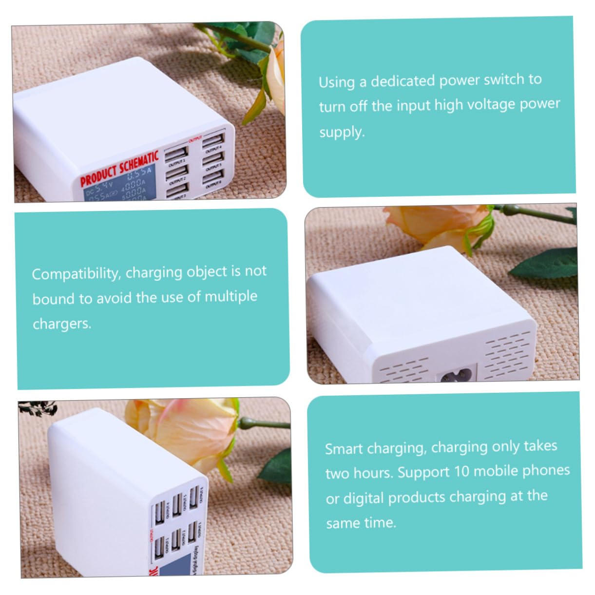 Cargador USB Multipuertos de 6 Puertos 40w Pantalla LCD