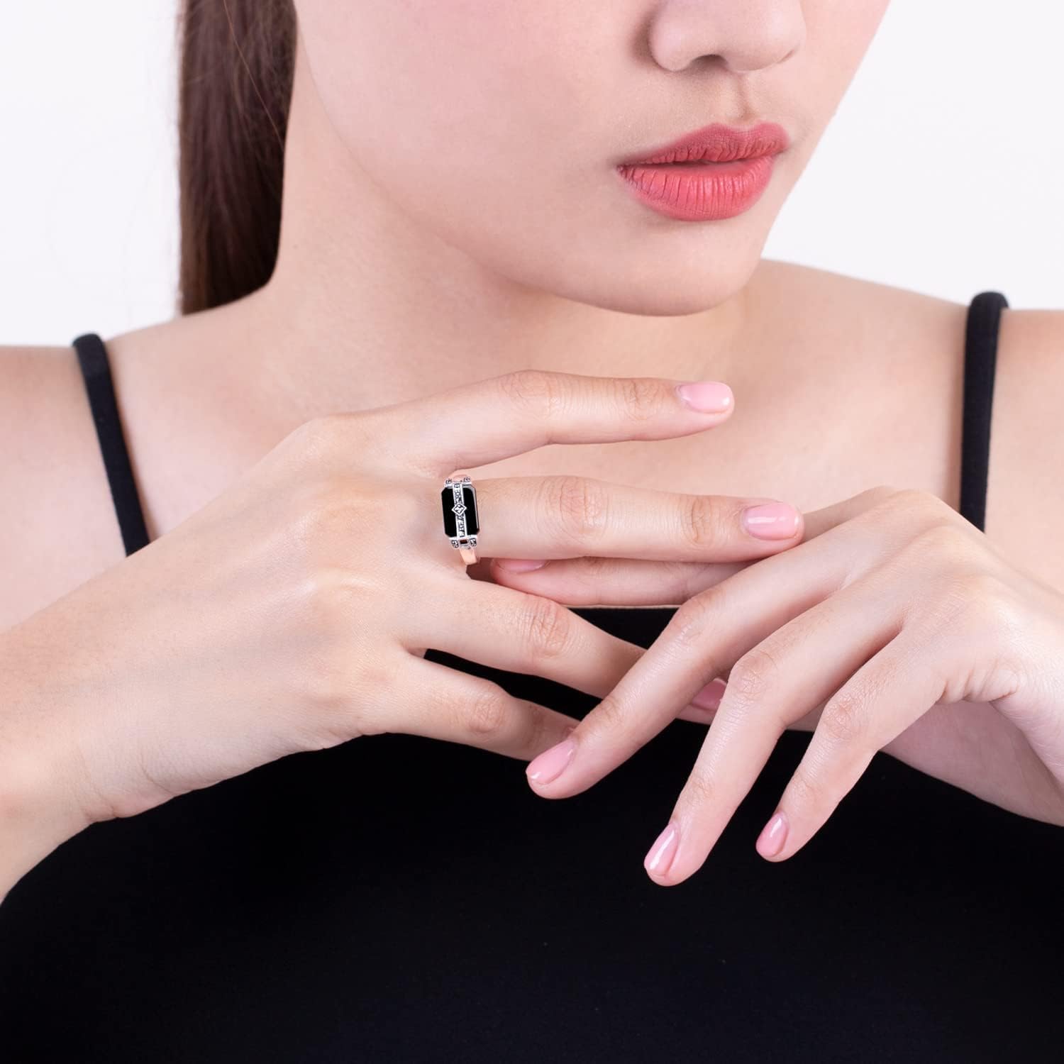 925 Sterling Silver Art Deco Black Onyx & Marcasite Ring
