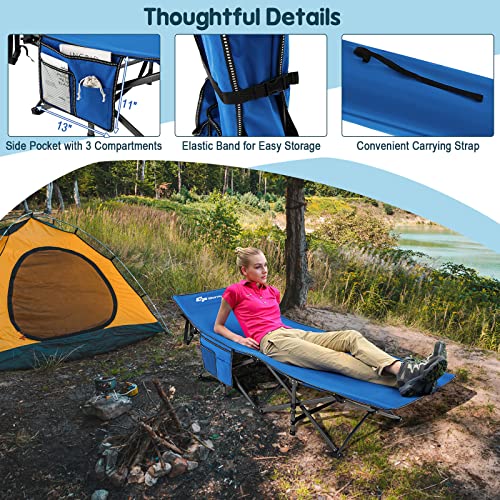 Goplus Folding Camping Cot, 27.5" Sleeping Cot For Adults With Carry Bag, 600Lbs Weight Capacity, Slanted Head, Side Pocket, Heavy Duty Portable Camping Bed For Kids, Beach, Office Snap (Blue) #TOP1