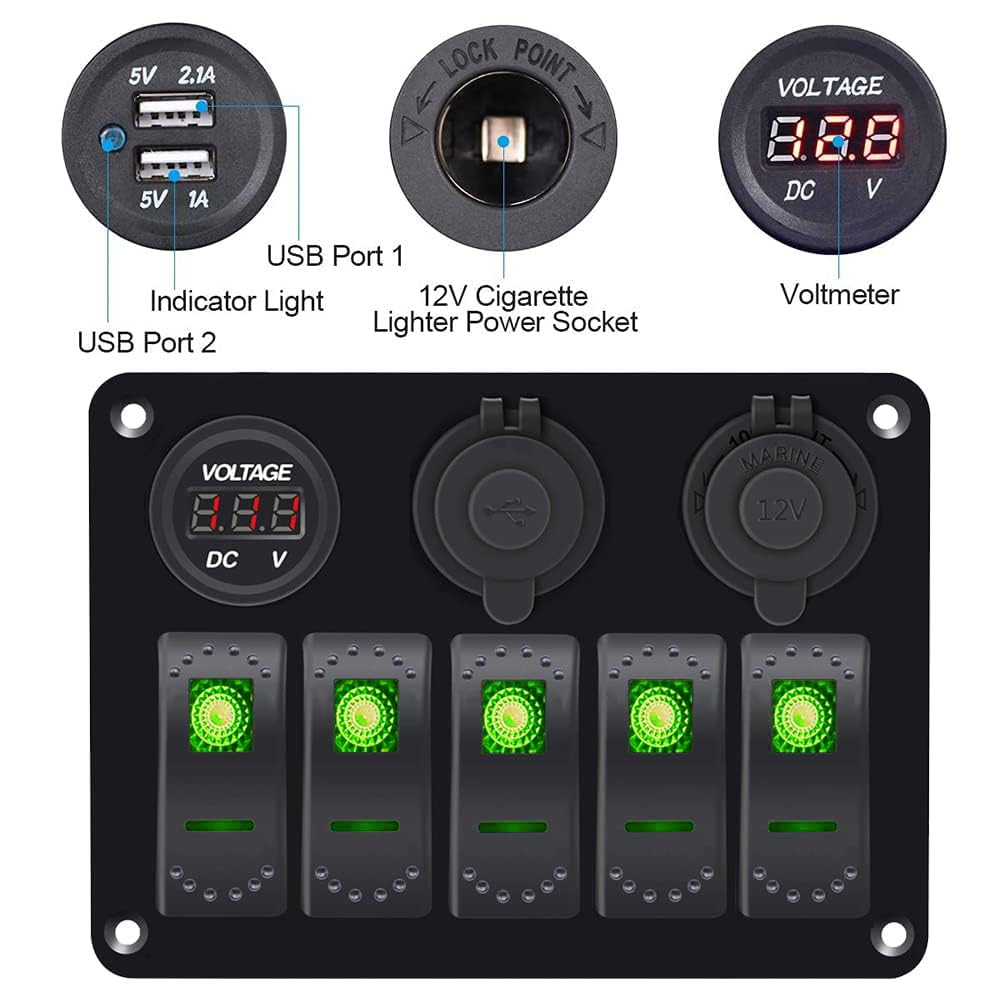 Garfour Green 5 Gang Marine Switch Panel - Waterproof Boat Switch Panel with 3.1A Dual USB, LED Voltmeter & Cigarette Lighter Socket for Boats, Trucks, RVs, SUVs