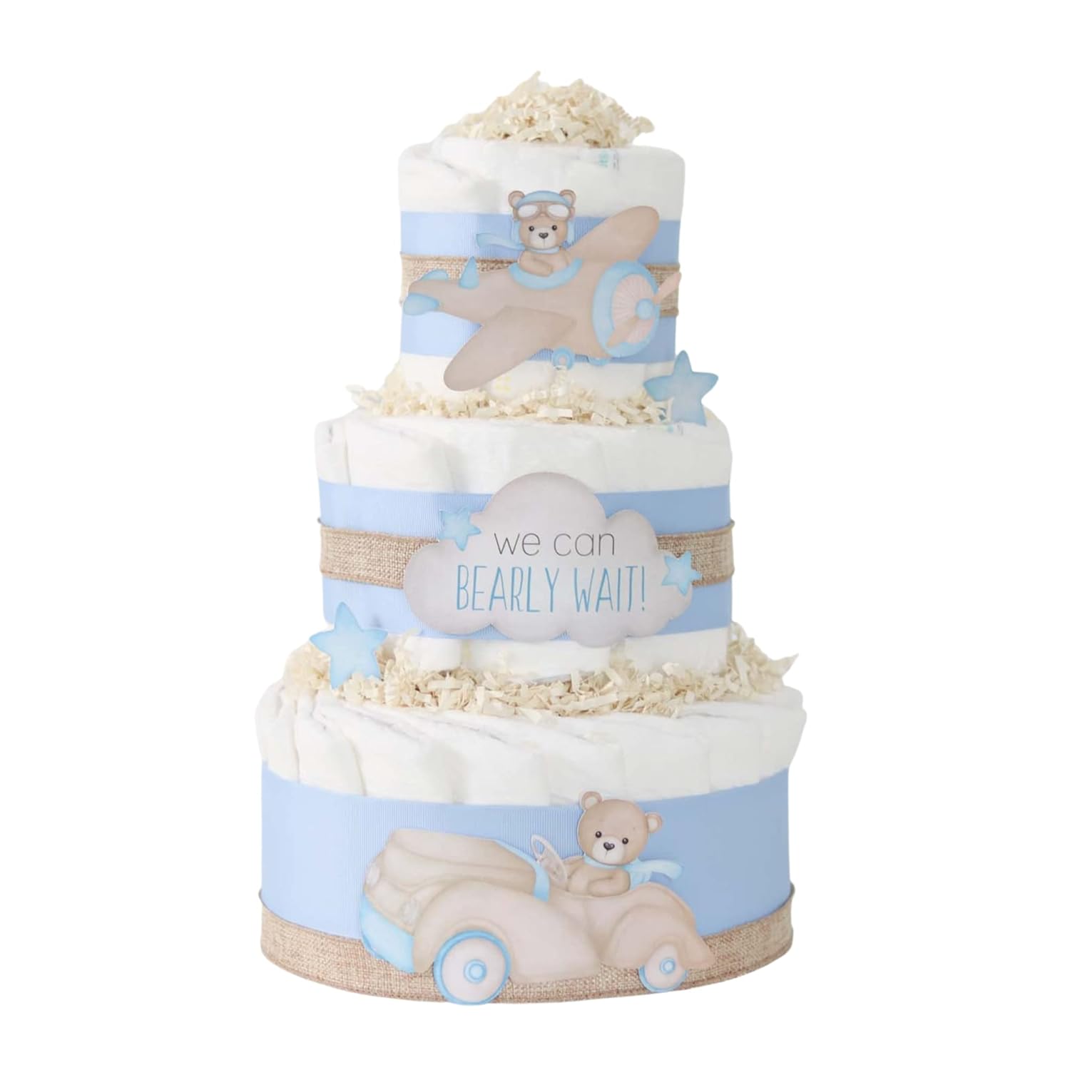 Teddy Bear Diaper Cake - We Can Bearly Wait Baby Shower Decoration Centerpiece - Gift for Baby Boy (Blue Balloons)