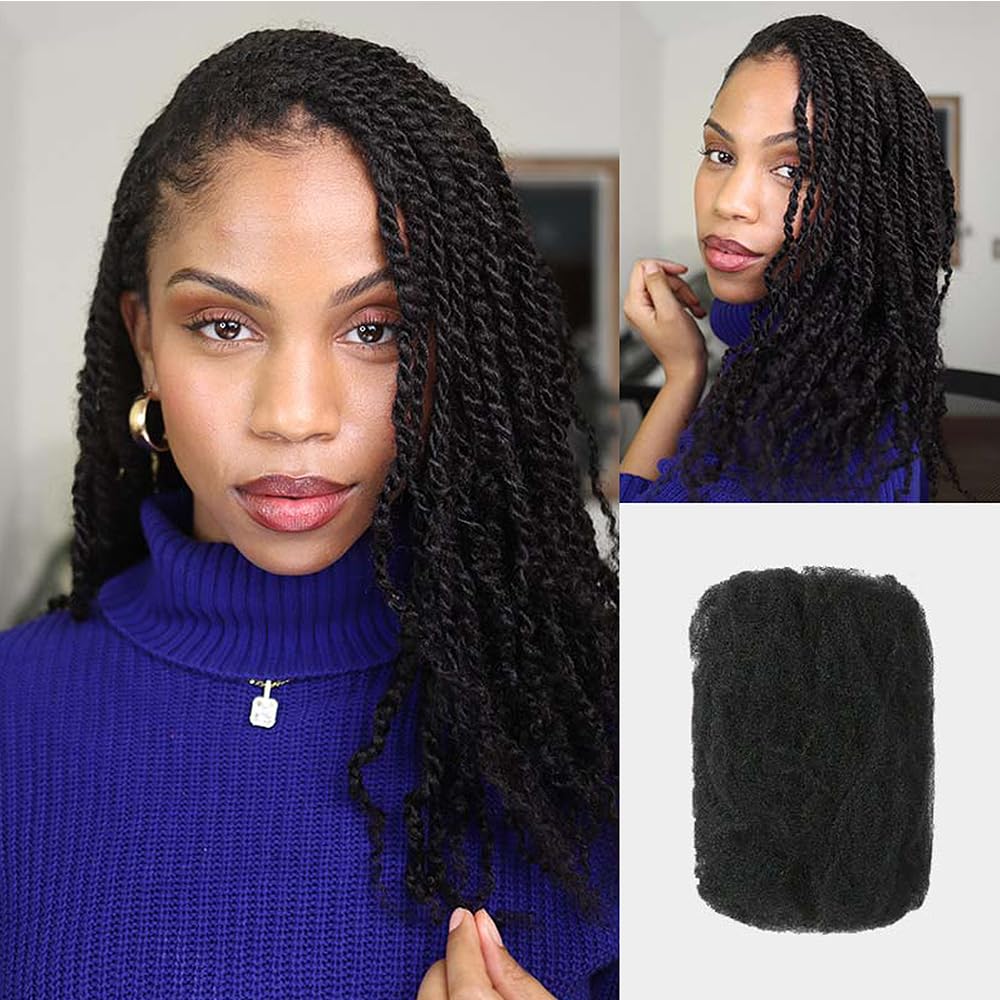 QVR Afro Kinkys Bulk Human Hair for Dreadlock Extensions Repair Locs, Twist Braiding Afro Kinky Human Hair for Locs Natural Black Color 18 inch 4
