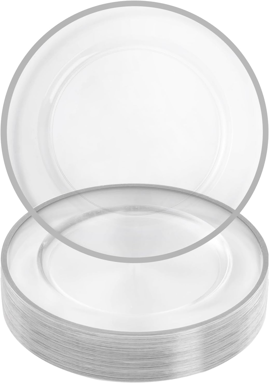 Goodluck 12 Inch Silver Charger Plates, 25 Pack Clear Charger Plates with Silver Trim, Disposable Charger Plates Plastic, Chargers for Dinner Plates, Plastic Plates for Dinner, Wedding, Party Clear&Silver