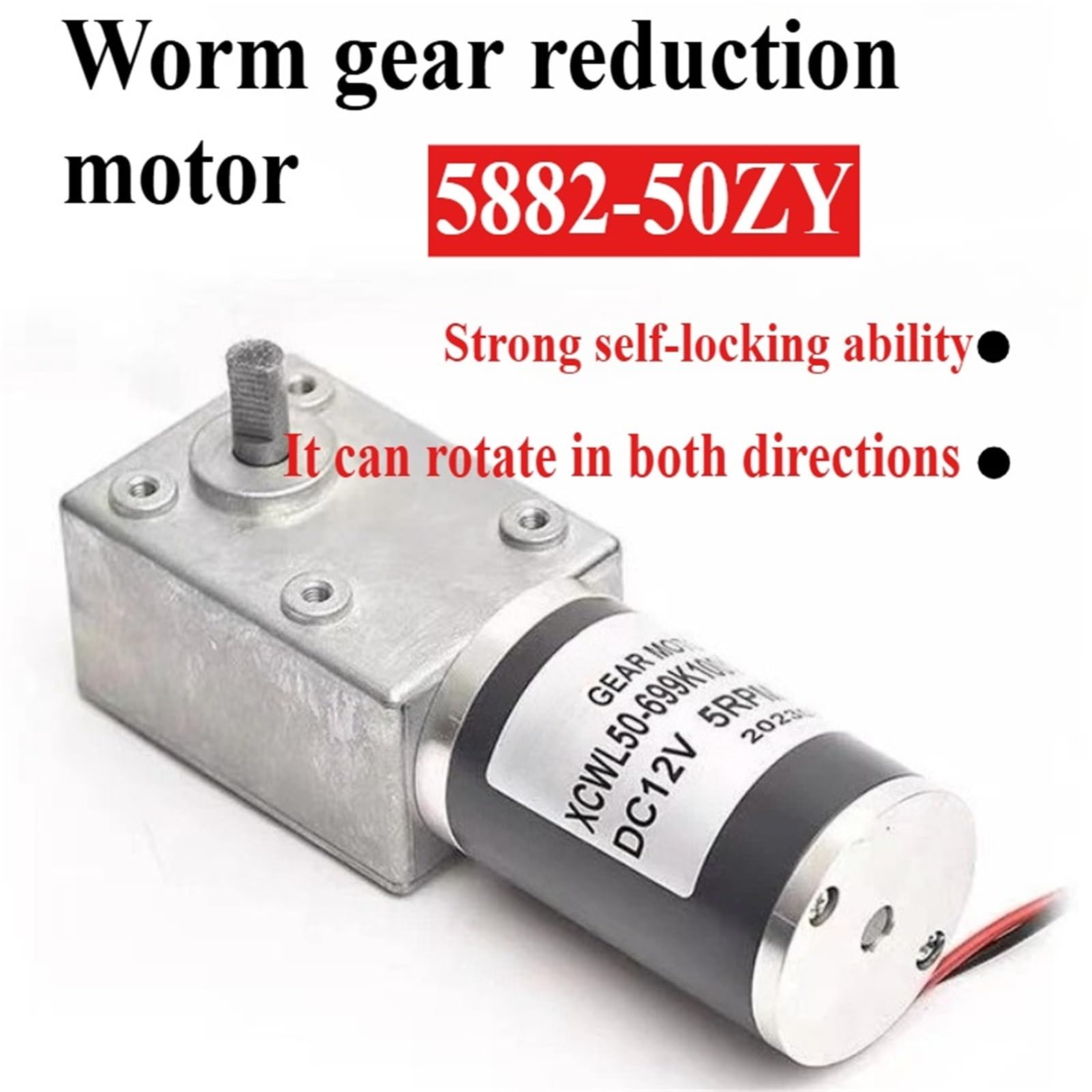 1 moteur réducteur à couple élevé Turboworm 5882-50ZY CC à basse vitesse, avec régulation de vitesse en marche arrière et inverseur, 12 V/24 V(25RPM,24V)