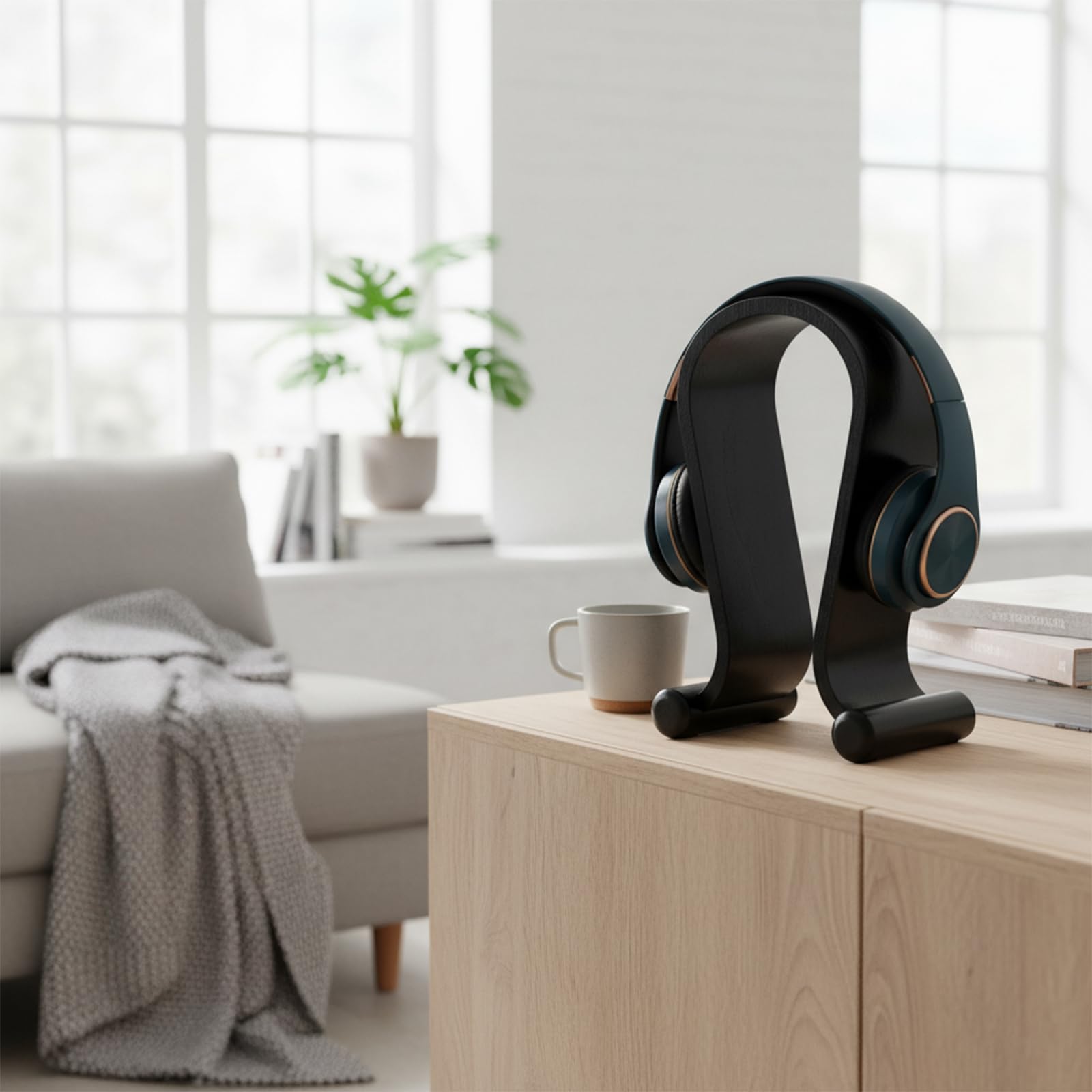 Espositore per Cuffie in Legno Naturale, Supporto Universale a Forma di U con Base Antiscivolo - Design Moderno, Ecologico per Cuffie Cablate/Wireless (Nero)