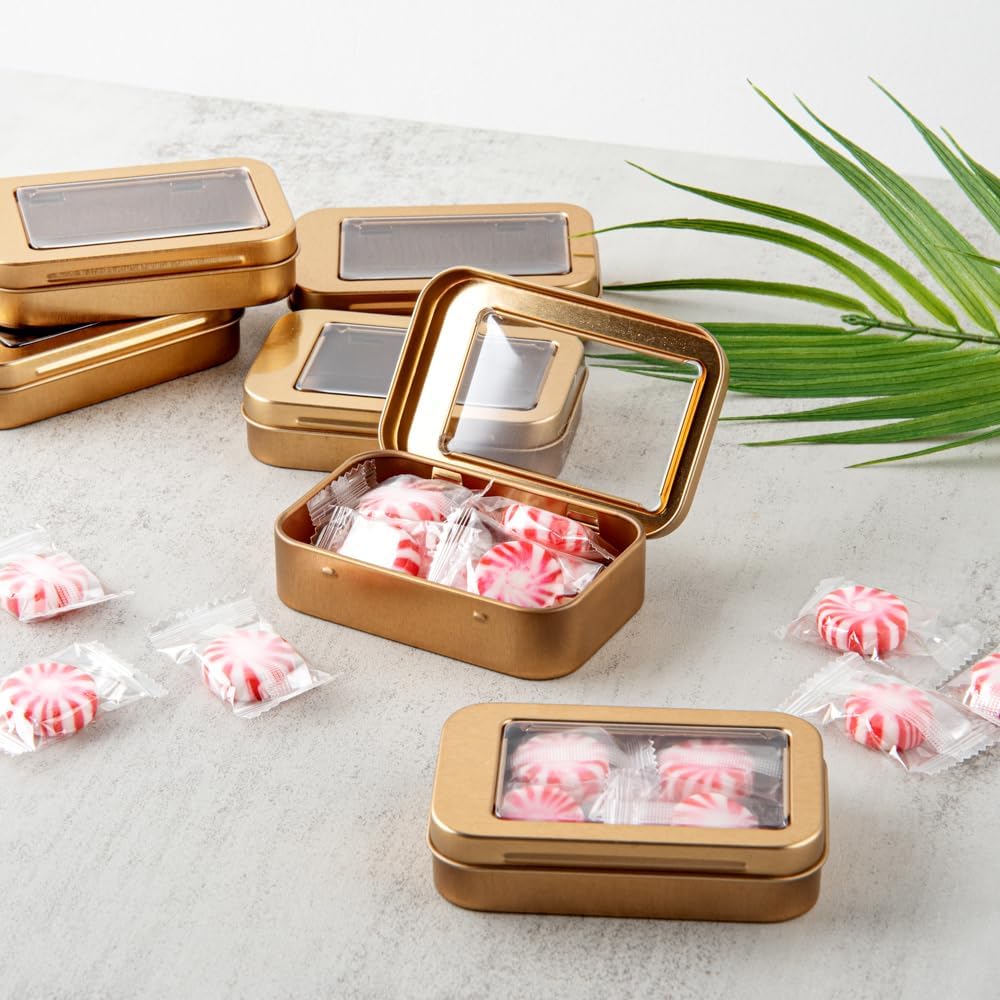 Restaurantware RW Base 4.5 Ounce Rectangular Tin Containers 100 Durable Tin Boxes With Lids - Clear Window Lids Rounded Edges Gold Tin Storage Containers Customizable Fits Mints Or Pills
