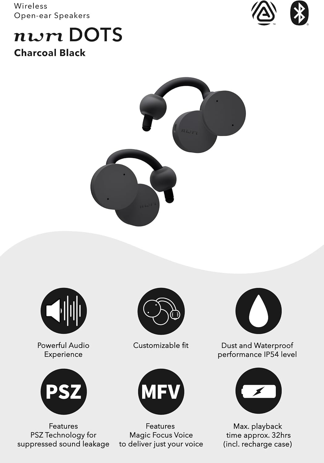 nwm DOTS Wireless On-Ear Speakers (Open Ear Earphones) Sound Leakage suppressed (PSZ Technology - Bone Conduction Alternative) with Optimal Microphone Function Designed in Japan | Charcoal Black - Image 3