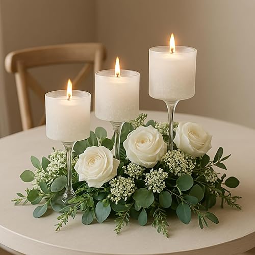 Miniatura 4 de Koyal Wholesale Juego de 3 portavelas blanco esmerilado, de tallo largo, juego de 3 portavelas flotantes de vidrio blanco esmerilado, portavelas