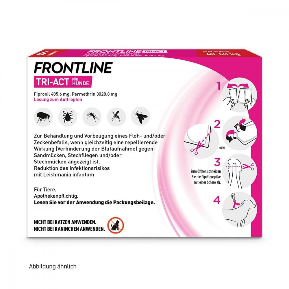 FRONTLINE TRI-ACT Hund XL gegen Zecken, Flöhe & Mücken (40 bis 60 kg) | 6x Pipetten für bis zu 6 Monate Schutz - wasserfest - perfekt auf Reisen - beugt Leishmaniose vor - für große Hunde