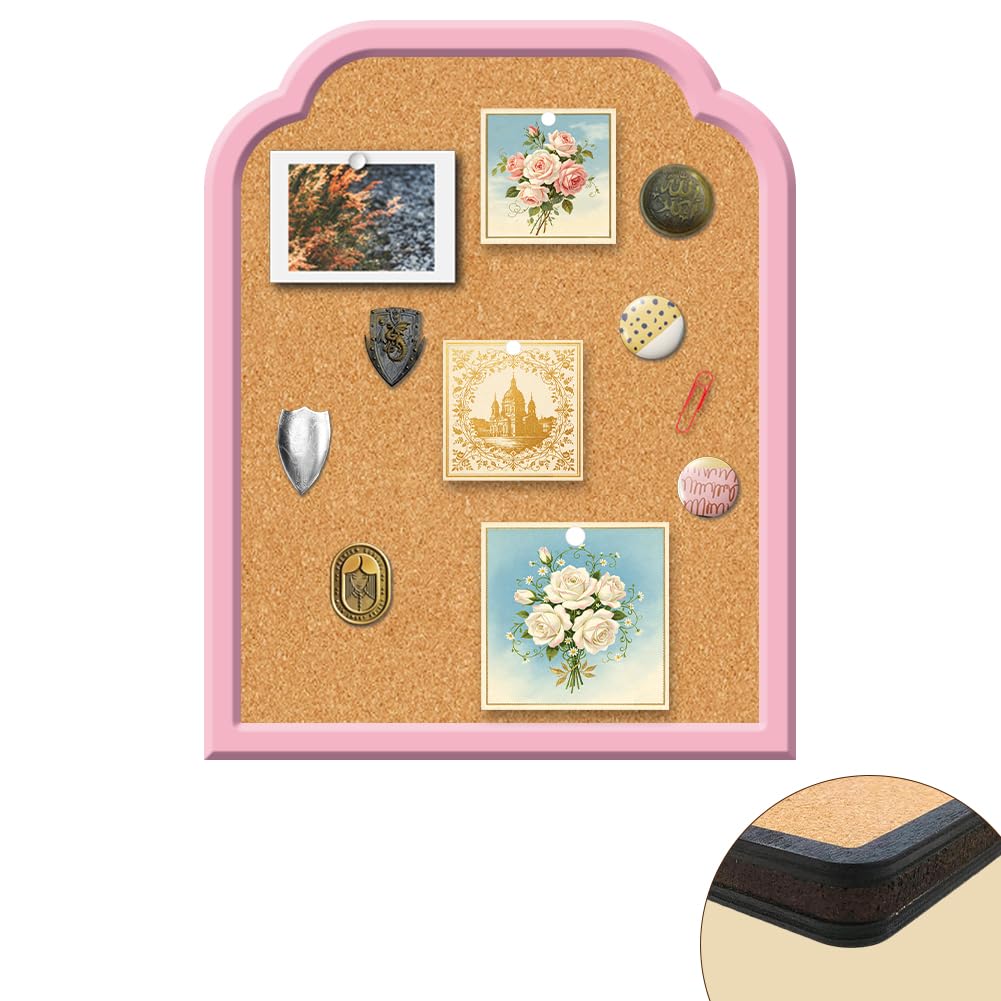 CRASPIRE Pin Cork Board Bulletin Pink Frame Arch Pin Display Badge Vintage Princess Wooden Decorative Corkboard Hanging 9.45x11.8 Wall Mounted Memory Brooch Lapel Storage for Office Bedroom Wedding