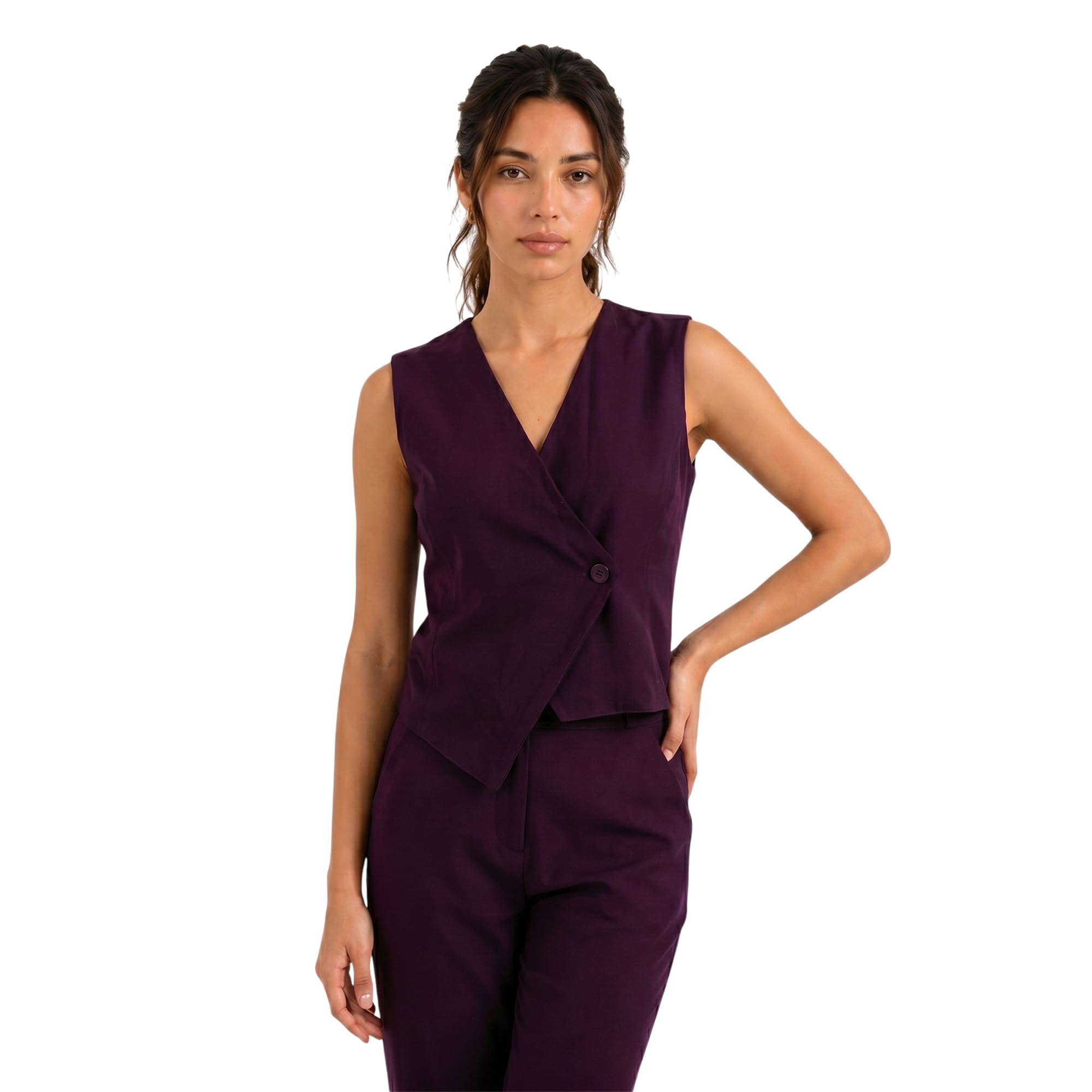 bossbella BOSSBELA Women Wine Red Sleeveless Cropped Single-Breasted Formal Waistcoat | Rich Tone Office Wear Vest-picture-36