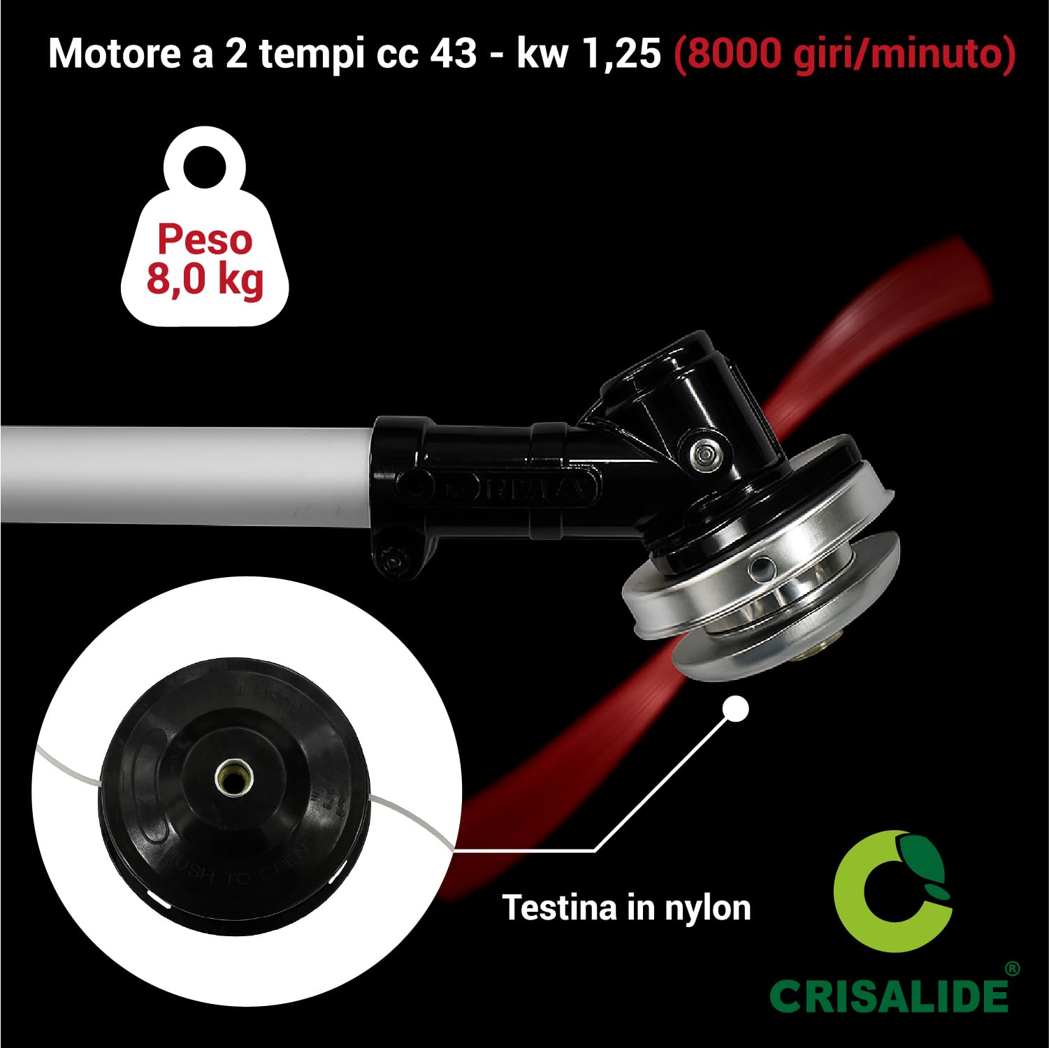 Crisalide Desbrozadora de explosión de 43 cc – Motor de 2 tiempos con carburador Walbro, hoja de 3 dientes y cabezal de nailon – Mango ergonómico, longitud 160 cm, peso 8 kg – Corte preciso