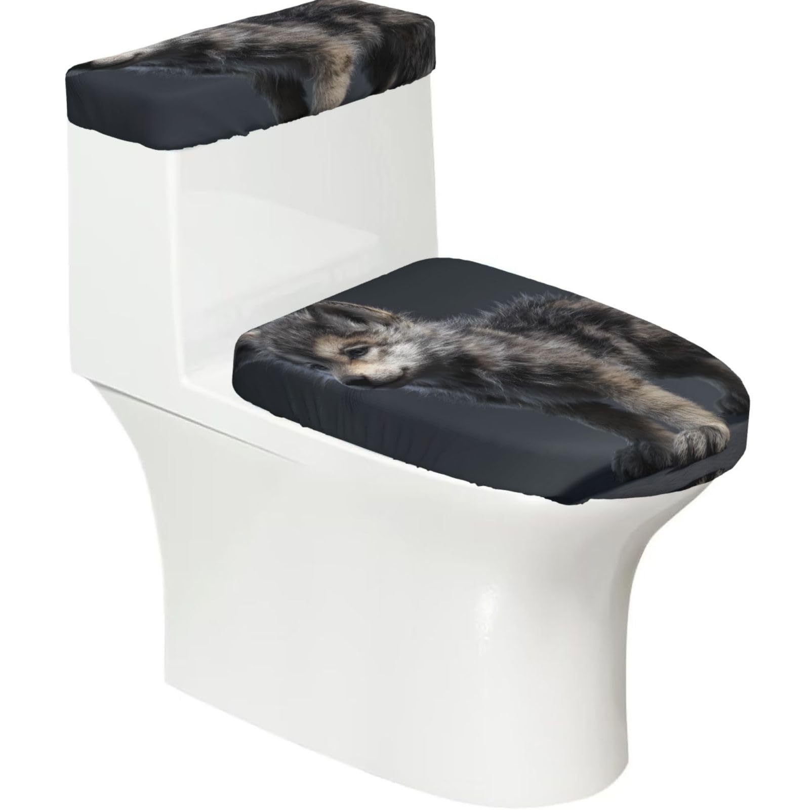 A Wolf 2-Piece Toilet Seat Cover Set with Tank Lid, Elastic Fit for U-Shape & Elongated Toilets, Bathroom Decor, Housewarming Gift