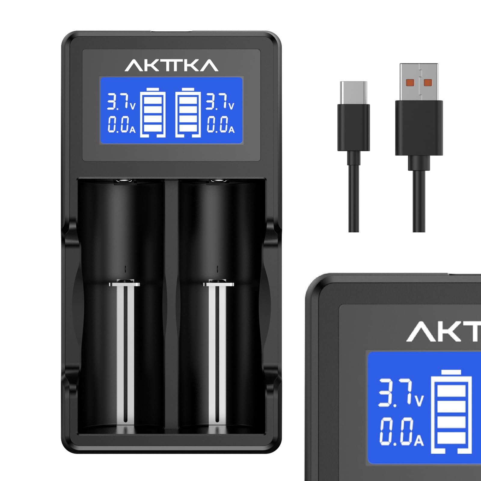 Caricabatterie Intelligente con Schermo LCD e Ricarica Rapida 5V/2A, Compatibile con Batterie Li-Ion 18650/21700/20700/26650 e Ni-MH/Ni-Cd AA/AAA/C, con Porta Type-C