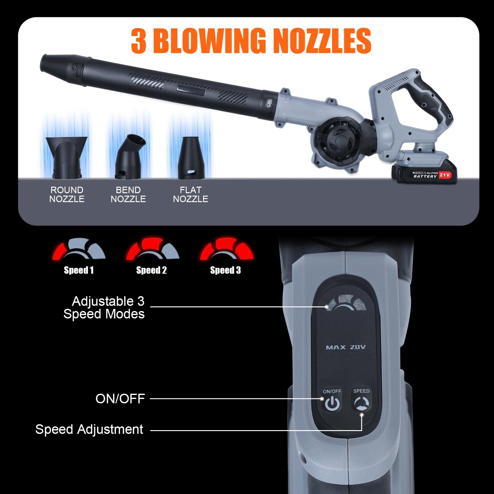 Soplador de hojas inalámbrico, soplador de hojas eléctrico con batería con 2 baterías y cargador, 3 modos de velocidad, mango giratorio, boquilla de 21 V, funciona con pilas, inalámbrico, para