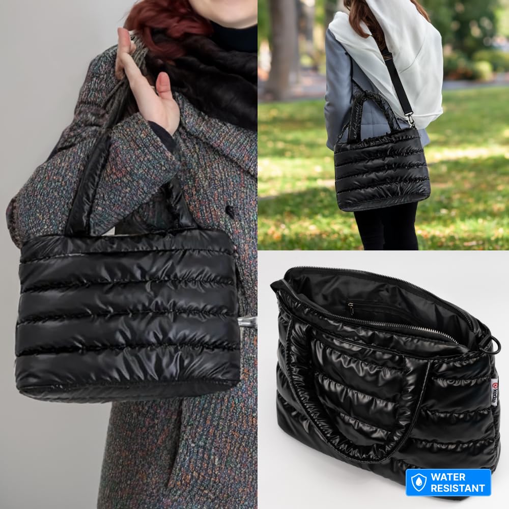 Kedaa Puffy Tote Bag, Black, 6.7 x 9 x 13.4 inches, Women's Hobo Handbag, 13.3L Capacity, Water Resistant, Lightweight, Adjustable Strap, Bag Hooks