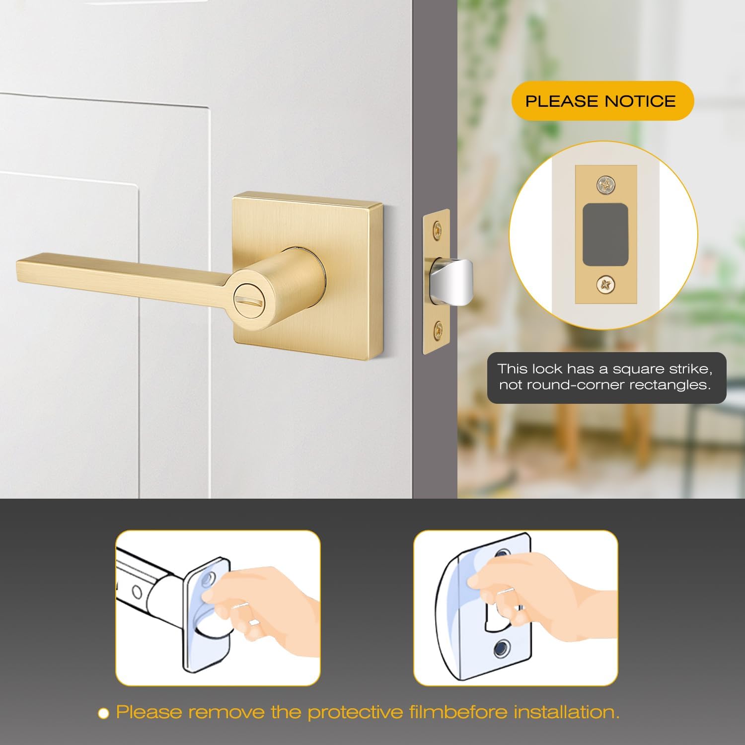 EHOMEWARE 6 Pack Gold Door Handles, Satin Brass Door Knobs Interior Privacy Function Without Keys, Bedroom Bathroom Door Levers Interior for Left or Right Handed Doors, Gold Modern Door Levers
