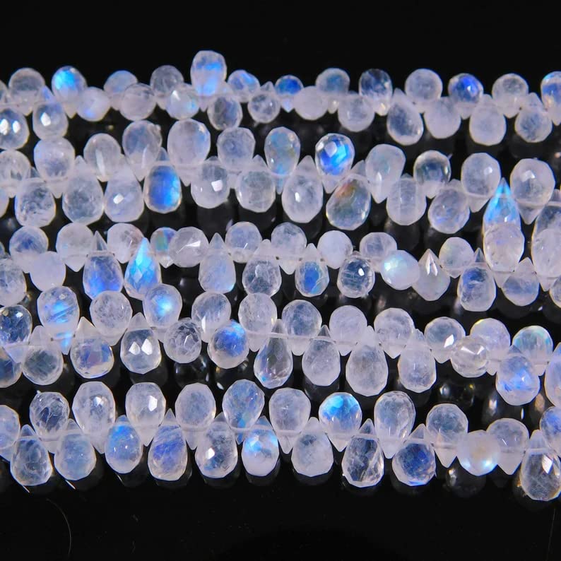 Białe tęczowe koraliki z kamienia księżycowego w kształcie łezki, pasmo 20 cm, 7 x 5 mm, fasetowane krople, naturalny niebieski ogień, półszlachetny kamień szlachetny, brioletki w kształcie łezki