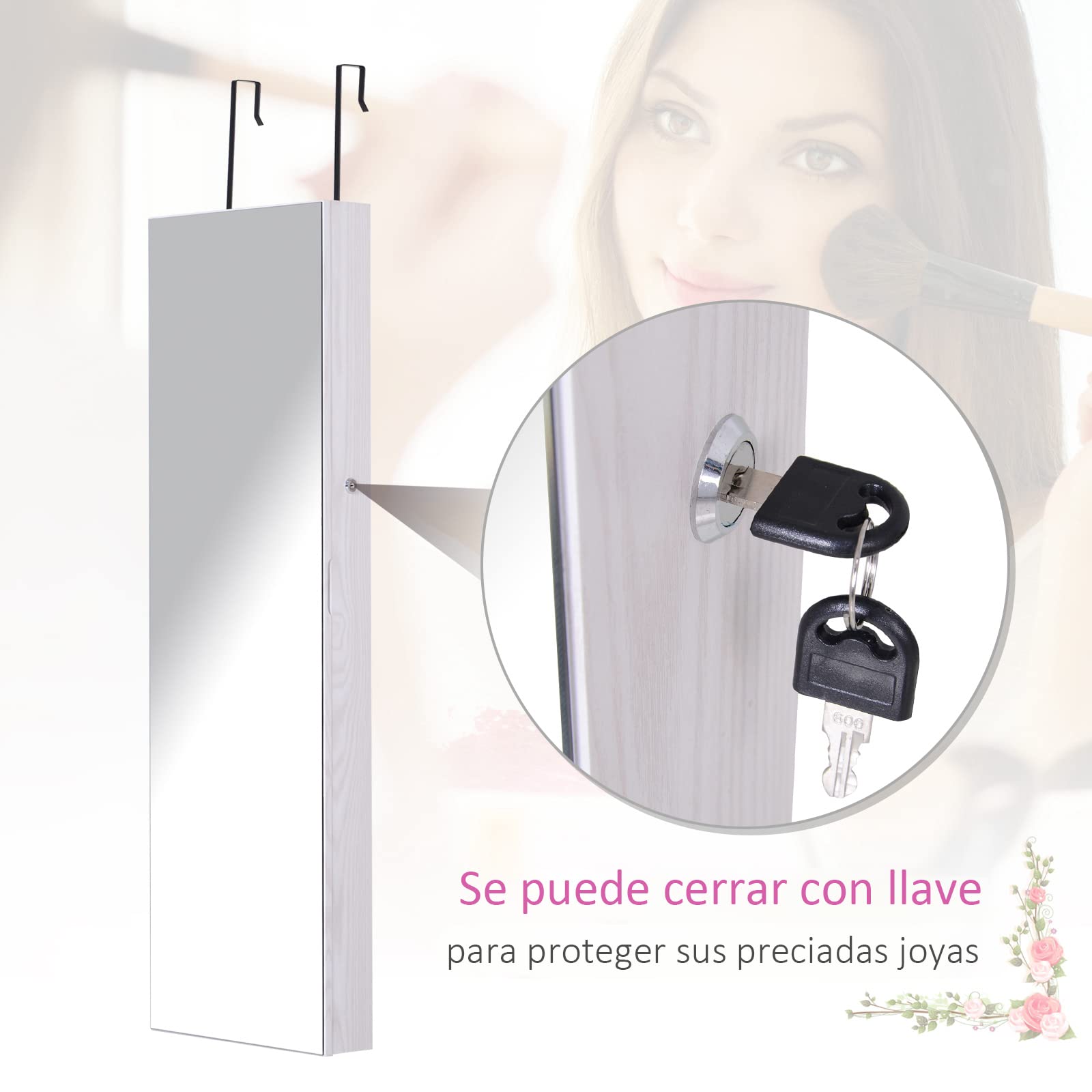 HOMCOM Espejo Joyero Colgante de Pared o Puerta con 6 Luces LED 5 Estantes 2 Cajones Pequeños Espejo Armario Montado con Cerradura para Dormitorio 37x120x10 cm Blanco