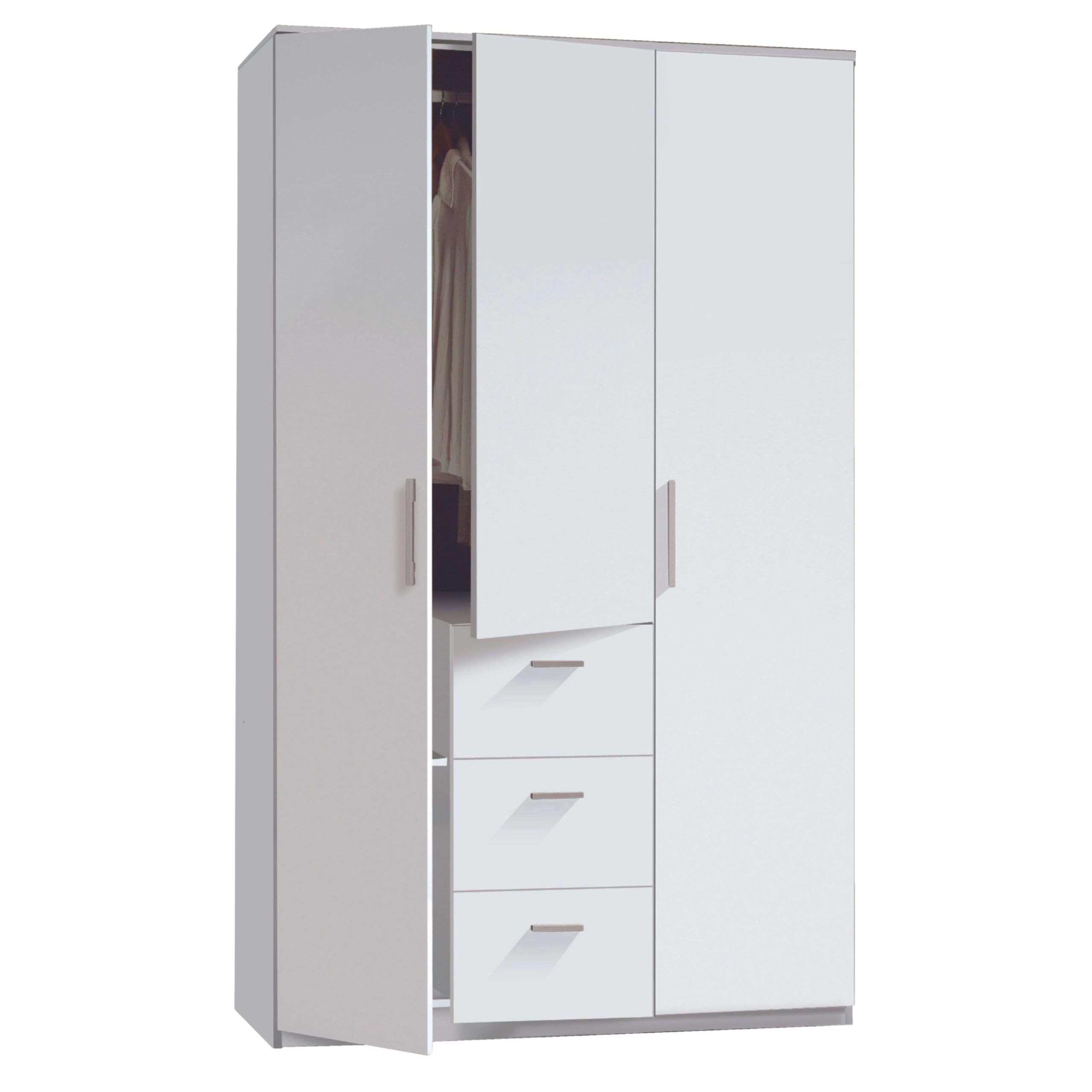 Habitdesign Armario Ropero 3 Puertas y 3 cajones, 203x117x52 (AltoxAnchoxFondo - en Cm), con Barra Colgadora y Estantes, Color Blanco Brillo