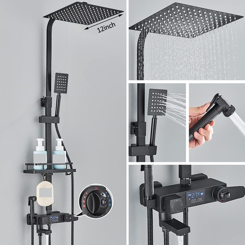 Czarny cyfrowy wyświetlacz termostatyczne baterie prysznicowe opady deszczu prysznic termostatyczny 4-kierunkowy mikser półka towarowa bateria do bidetu prysznic(Black TH 12inch)