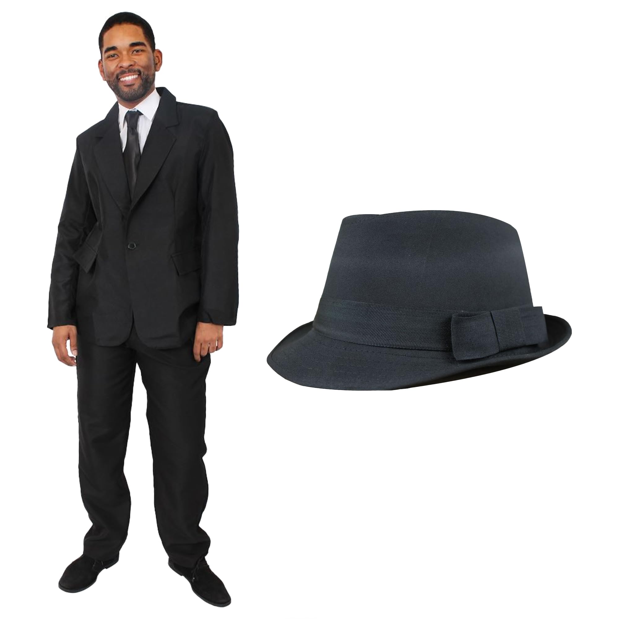 Adults Blues Sibling Costume - Large - Black Suit Jacket and Trousers, 23 inch/58cm Trilby Hat - Mens Fun 1980s Musical Comedy Film Halloween Fancy Dress Costume