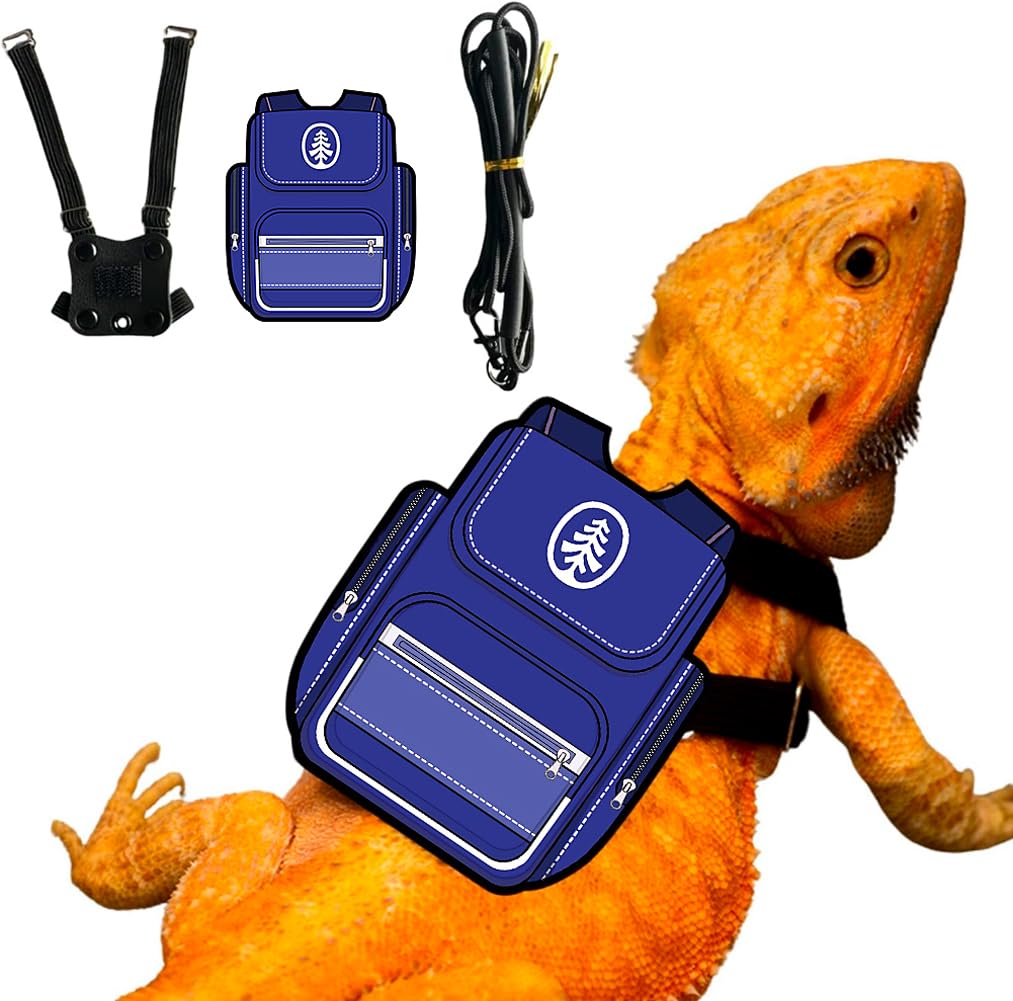 Bearded Dragon Harness Leash Soft Leather Harness with Backpack Patch Adjustable Strap Outside Walk Training Leash for Reptile Lizard Amphibians (Blue)