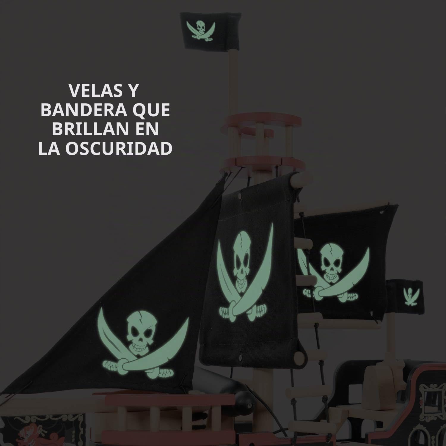 Le Toy Van - TV246 - Juego de Madera Galeón Pirata 3 años, Barco Pirata de Barbarroja, 2 Piratas incluidos, Brilla en la Oscuridad, 48 x 24 x 49 cm, Juegos ecológicos Montessori
