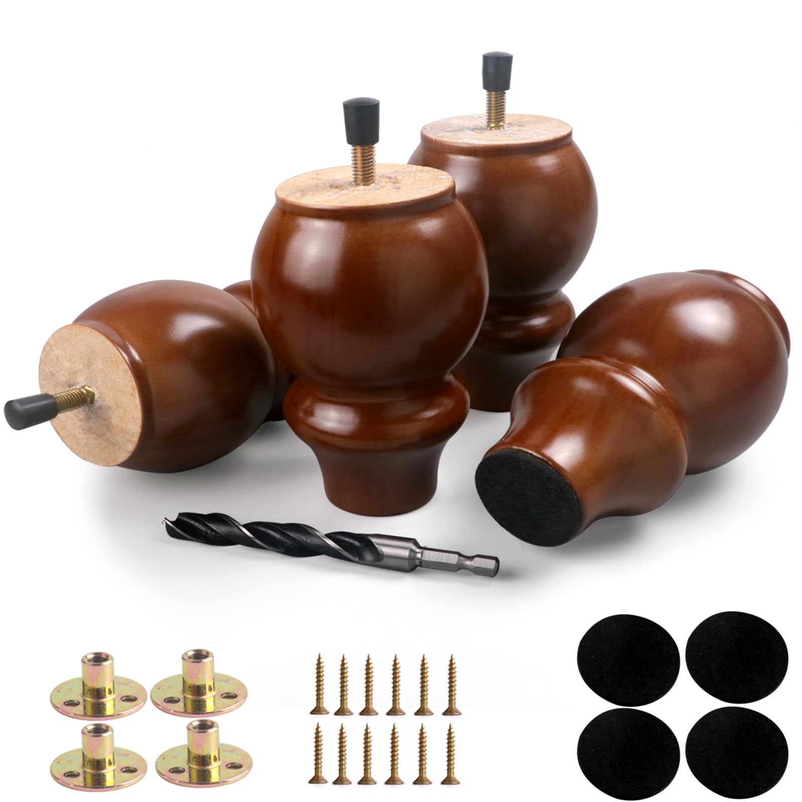 Wood Furniture Legs 4 Inch Couch Legs, Round Wood Legs for Furniture Set of 4,Walnut Wooden Furniture Feet Sofa & Bench Legs Replacement Bed Support Frame Foot