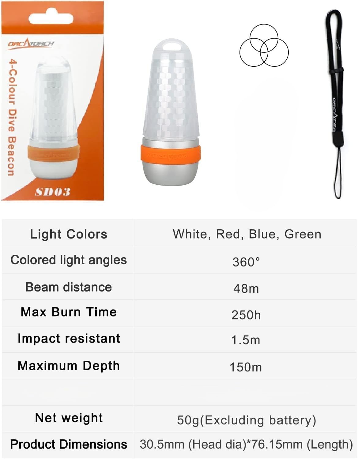 Orcatorch SD03 Lumière stroboscopique de plongée avec lumière rouge, blanche, verte, bleue pour balise de plongée sous-marine de 100 m de profondeur