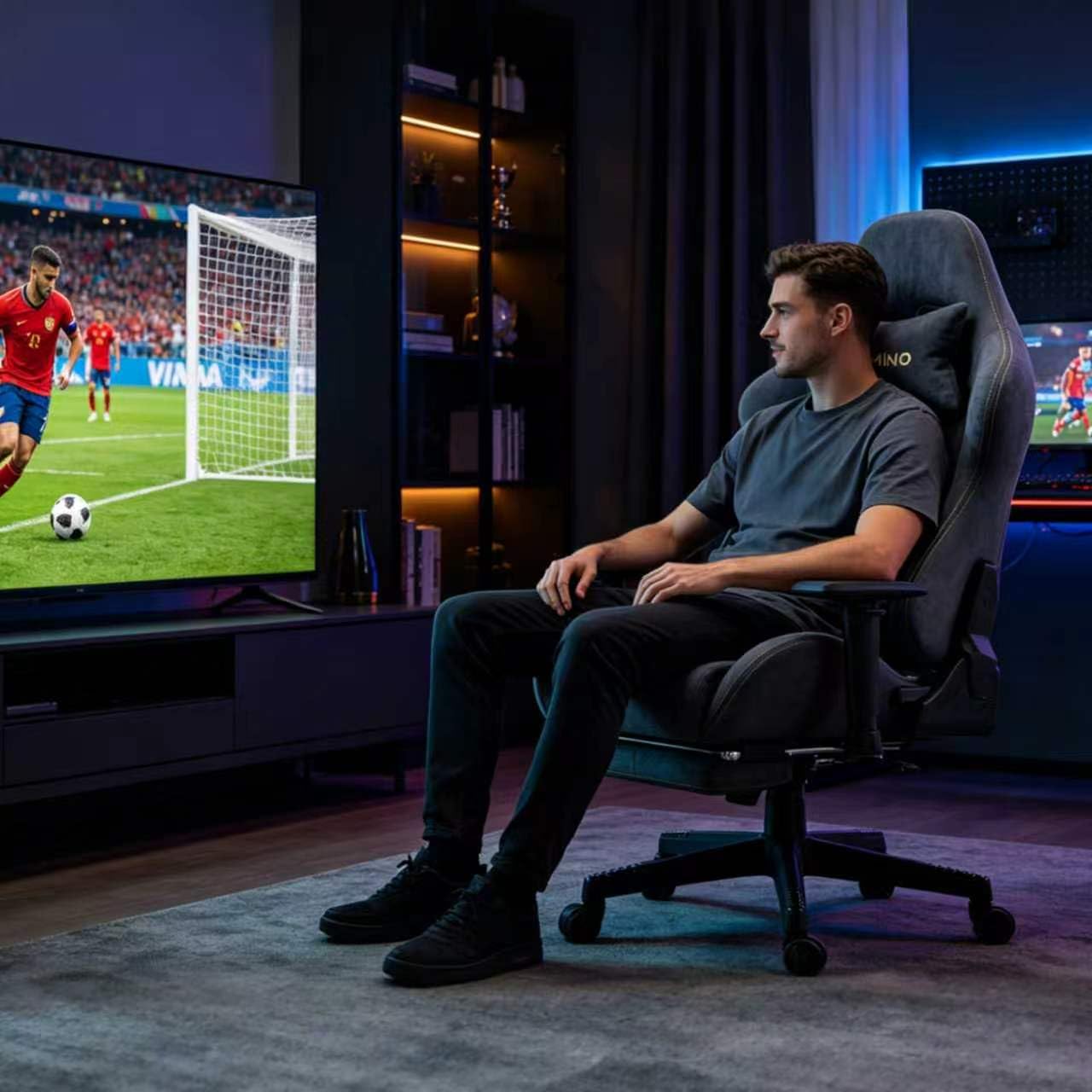 Symino Chaise Gaming Ergonomique et Fauteuil Gamer avec Repose-Pieds Télescopique Coussin à Ressorts, Support Lombaire et Hauteur Réglable 200kg (Faux Daim, Gris)
