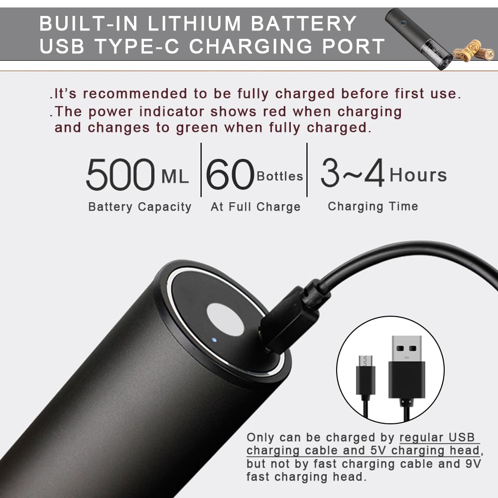 Cavatappi Elettrico Professionale Ricaricabile USB Nero con Taglia Capsule