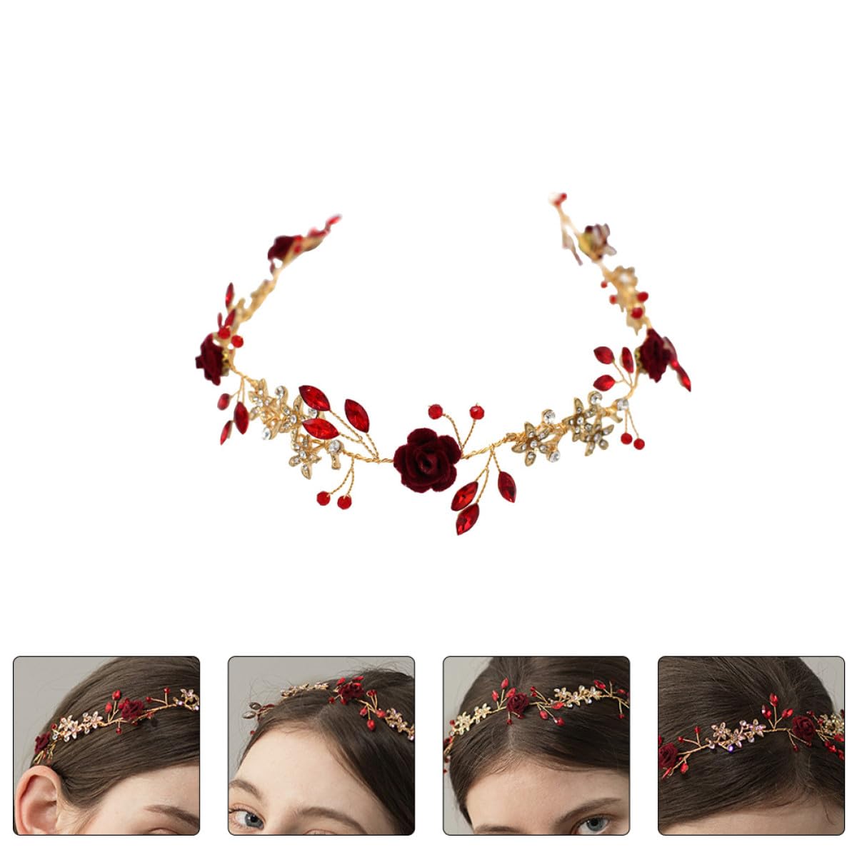WOONEKY 1pieza Tocado Floral Delicado Para Novia Piedras Rojas Accesorio De Boda Para Fotografía De Fiesta y Estilo Chino