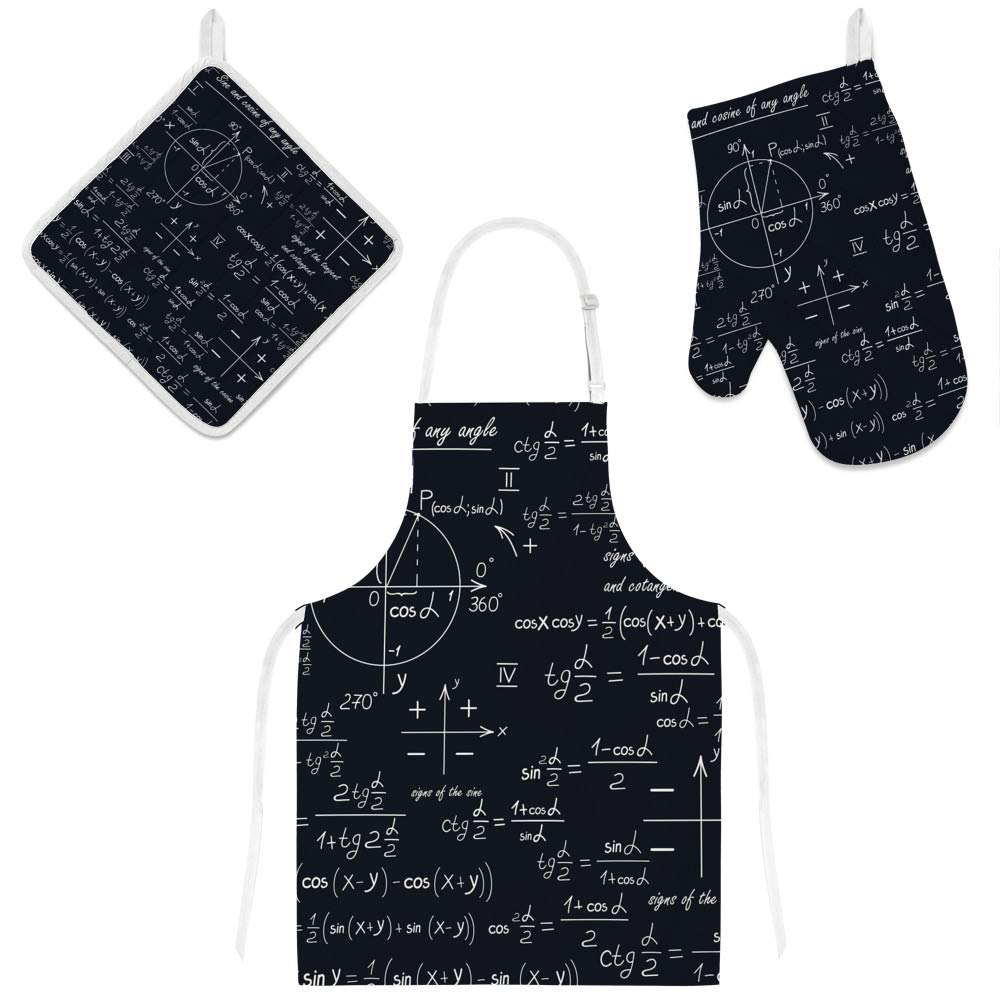 Tablier de cuisine anti-taches 3 pièces et maniques géométriques anti-brûlure