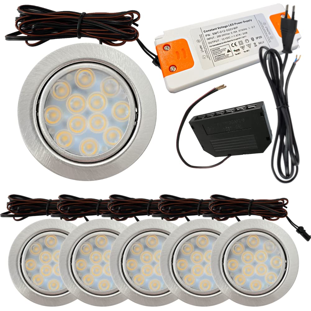 LED Möbeleinbaustrahler 12V flach 6 x 3W Einbauleuchten Lotta 200lm mit LED Trafo und 230V Zuleitung 3000K Warmweiß Lochausschnitt: 55 bis 60mm