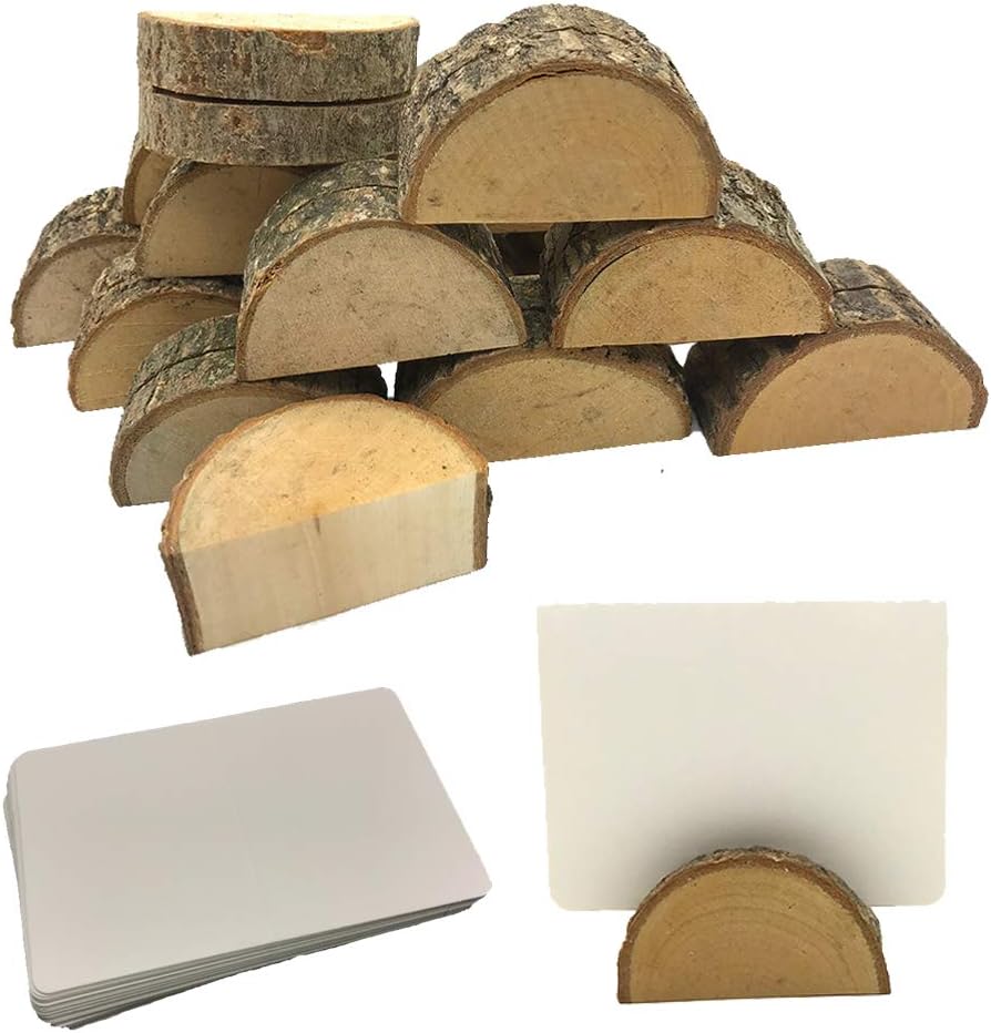 20 Pcs Rustic Wood Place Card Holders in Semicircle Shape Wooden Bark Memo Holder Stand Card Photo Picture Note Clip Holders and 30 Pcs Kraft Place Cards for Wedding Party Table Number Sign