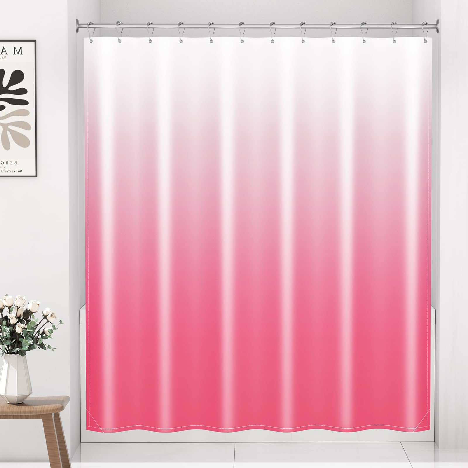 Arotive Shower Curtain for Bathroom, Hot Pink and White Ombre Fabric Shower Curtain Sets with 12 Hooks, Waterproof & Machine Washable, 72x72 Inches