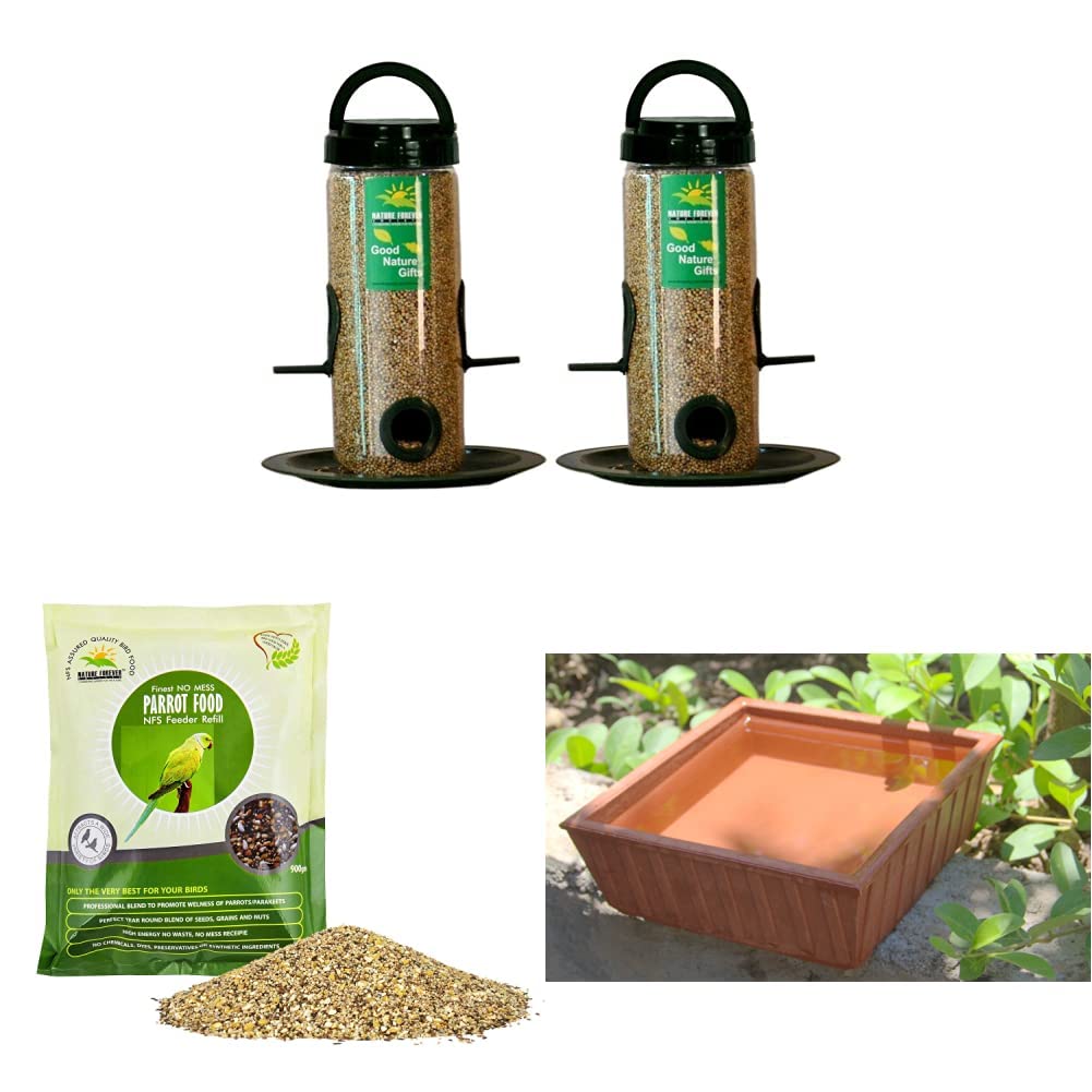 Nature Forever Bird Feeder, Transparent (2 Pieces) & Parrot Food, 900 g & Earthen Pot (Teracotta Bird Bath) - 8 inch x 8 inch (B0BDS6NGT9) Amazon Price History, Amazon Price Tracker