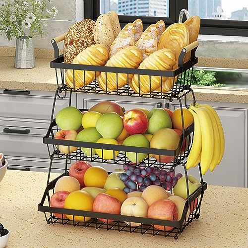 Uzelia Cesta de Fruta de Metal de 3 Niveles, Cesta de Almacenamiento de Frutas de 3 Niveles con Asa, Frutero de Cocina para Almacenar Verduras y Frutas