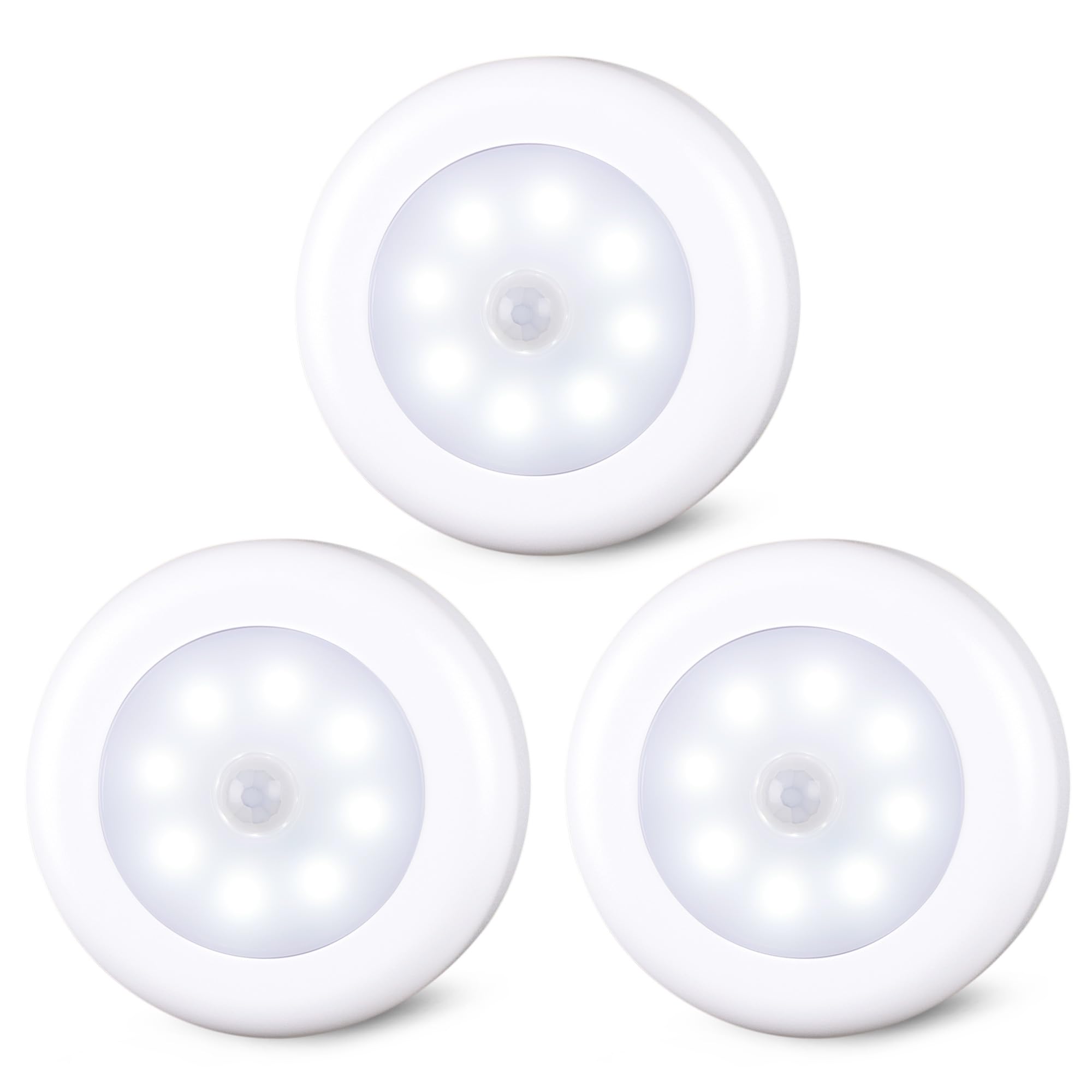 STAR-SPANGLED 3 Pack 3.1” Motion Sensor Lights Indoor AA Battery Operated, Stick on LED Puck Light for Closet, Stairs, Under Cabinet, Kitchen, Cool White
