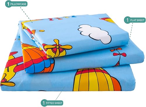 Miniatura 4 de Nikki Peter - Juego de sábanas para niños y niñas, 100 % algodón, diseño de globo aerostático en las nubes, tamaño individual, color cielo, juego de