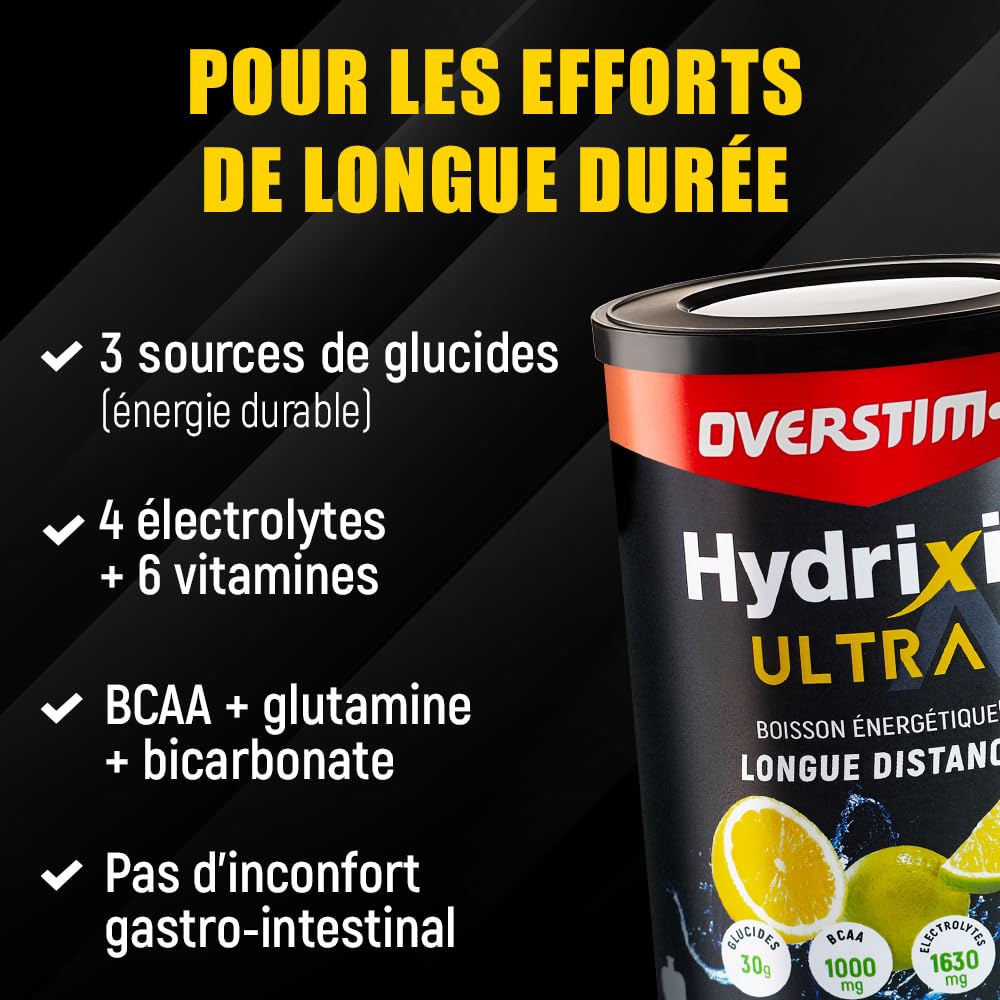 Overstim.s - Boisson énergétique Hydrixir Ultra (400g) - 3 sources de glucides - 4 électrolytes - 6 vitamines - BCAA + Glutamine - Bicarbonate de sodium - Saveur peu sucrée - Fruits rouges